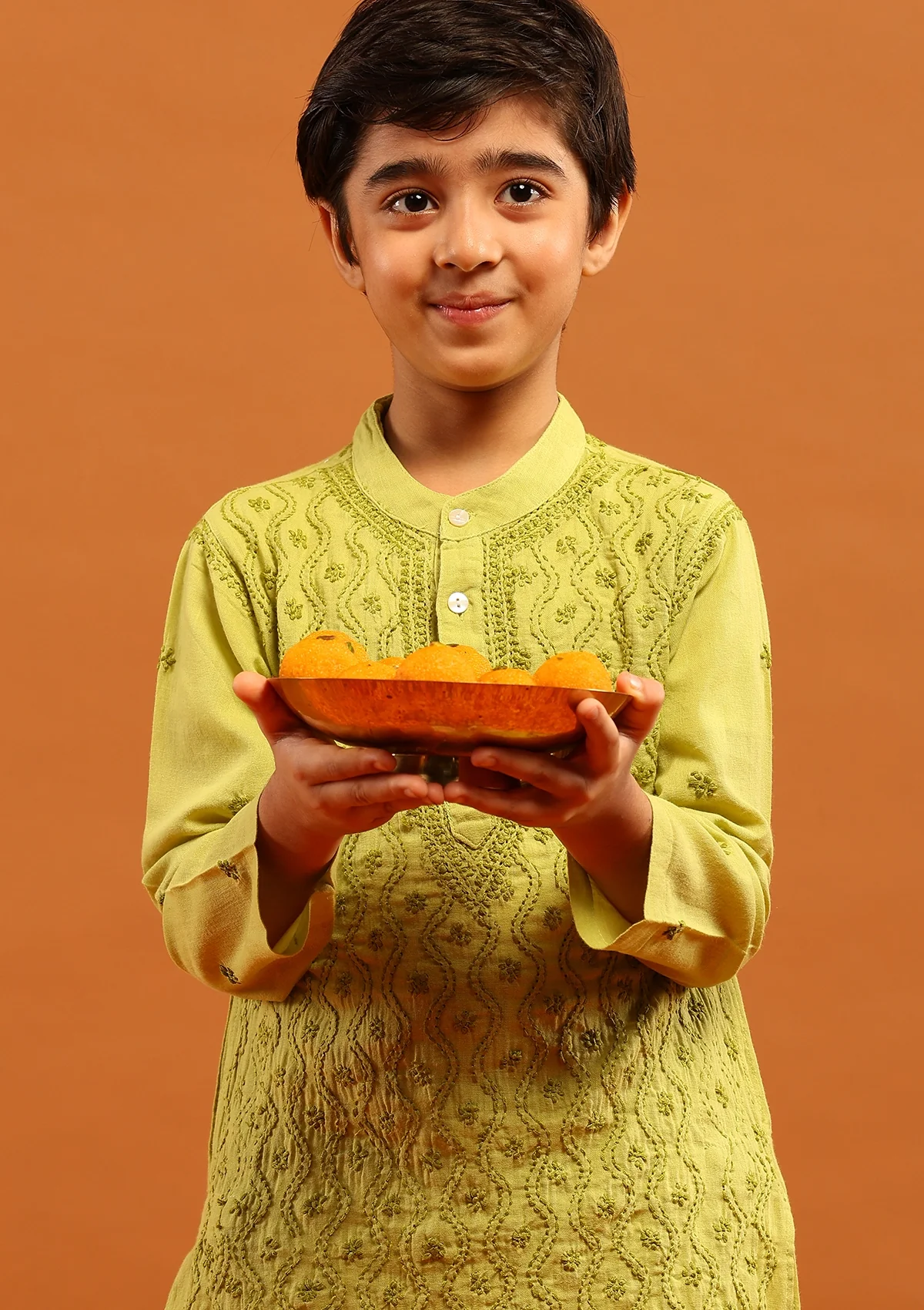 HOC Cotton Chikankari Solid Boy's 2Pc Kurta Set-Green - Healthber