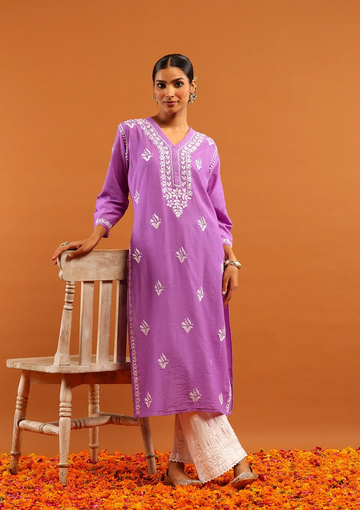 HOC Chanderi Chikankari With Sequins Solid Women's Long Kurta -Lavender - Healthber