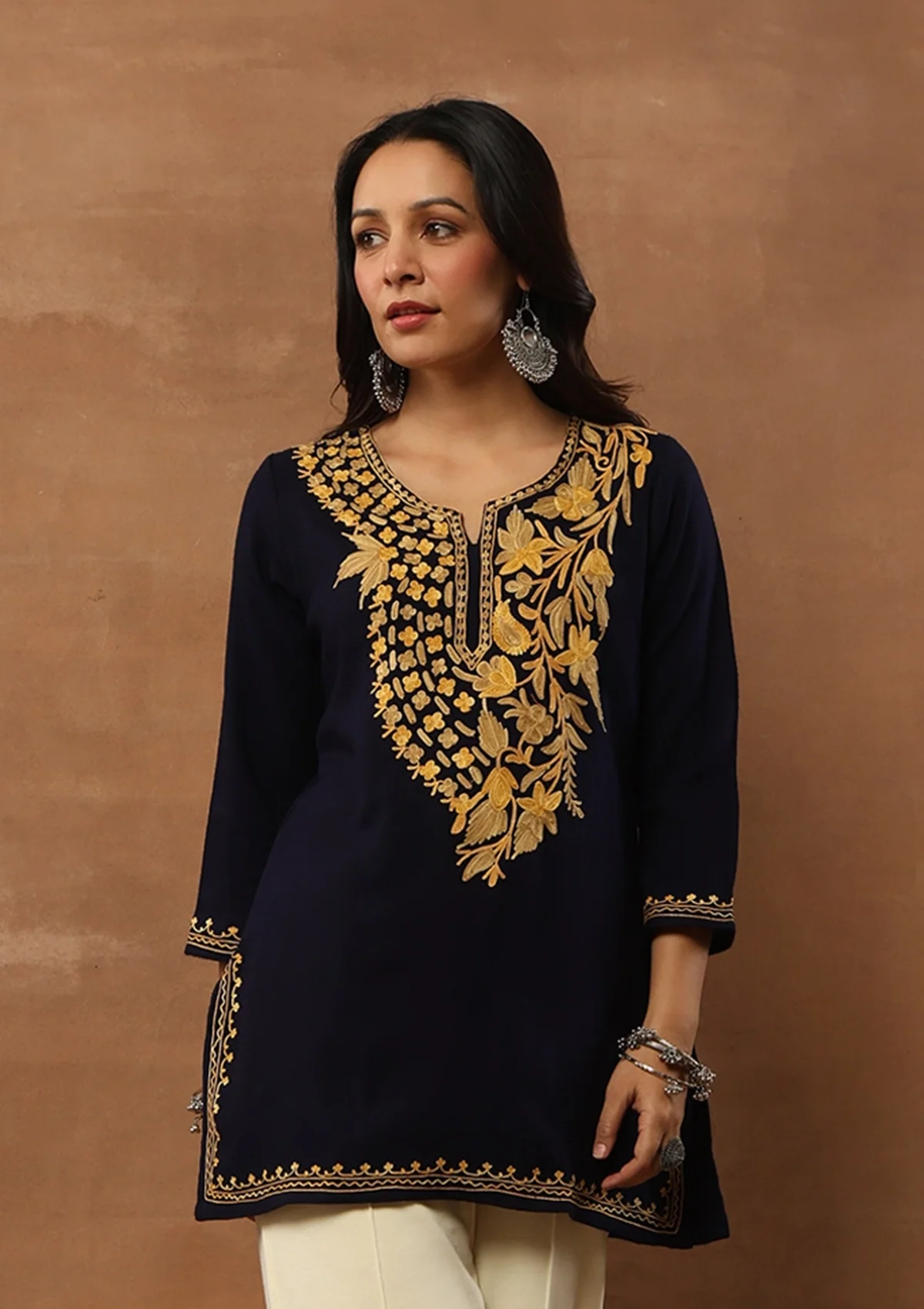 HOC Aari Embroidered Woollen Solid Women's Short Kurta - Navy Blue - Healthber
