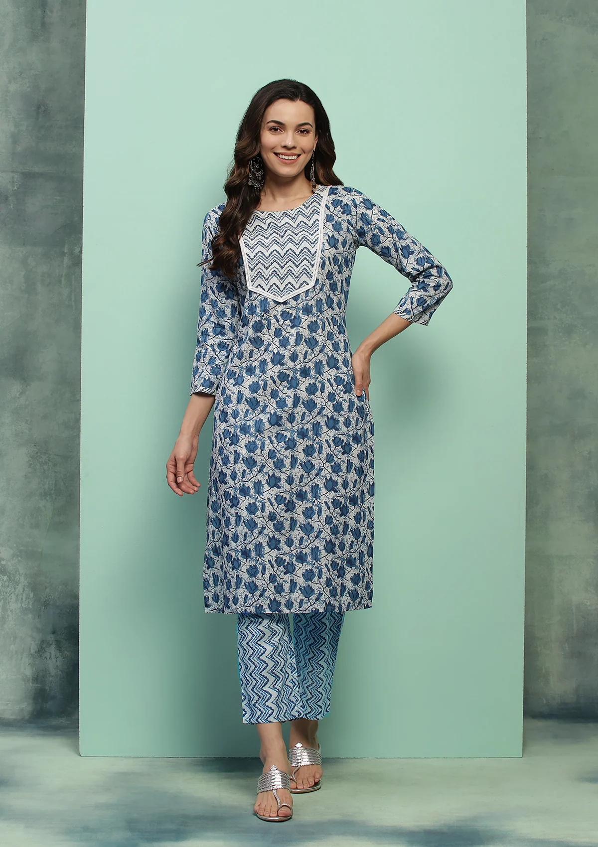 HOC Cotton Printed Women's 2 PC Long Kurta Set - Blue - Healthber