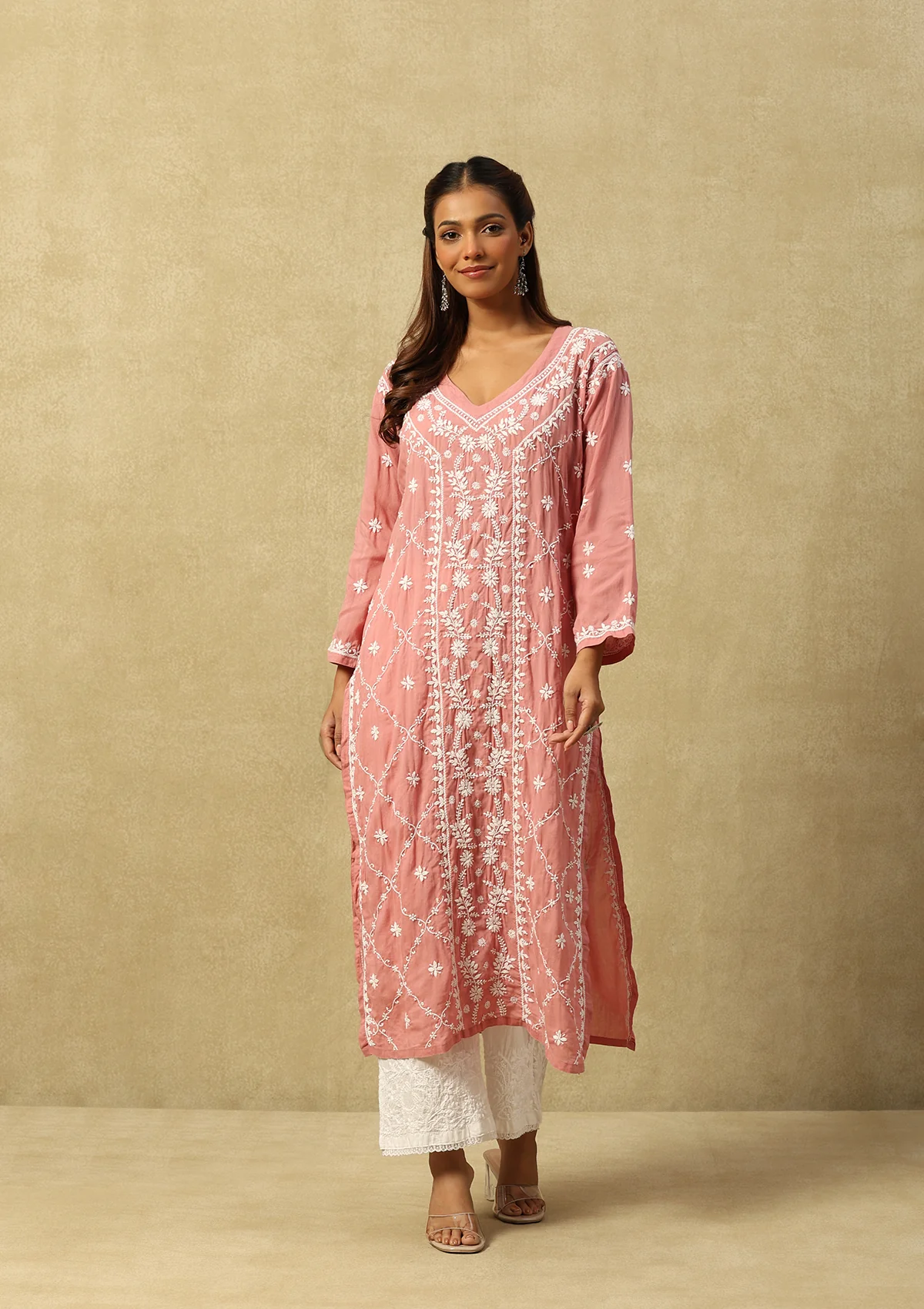 HOC Modal Chikankari Solid Women's Long Kurta -Dust Pink - Healthber