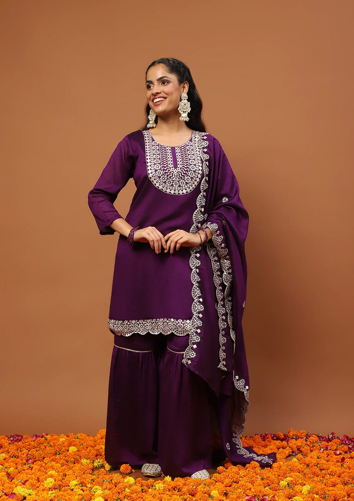 HOC Silk Blend Embroidered With Sequins Solid Women's 3 PC Gharara Kurta Set-Purple - Healthber
