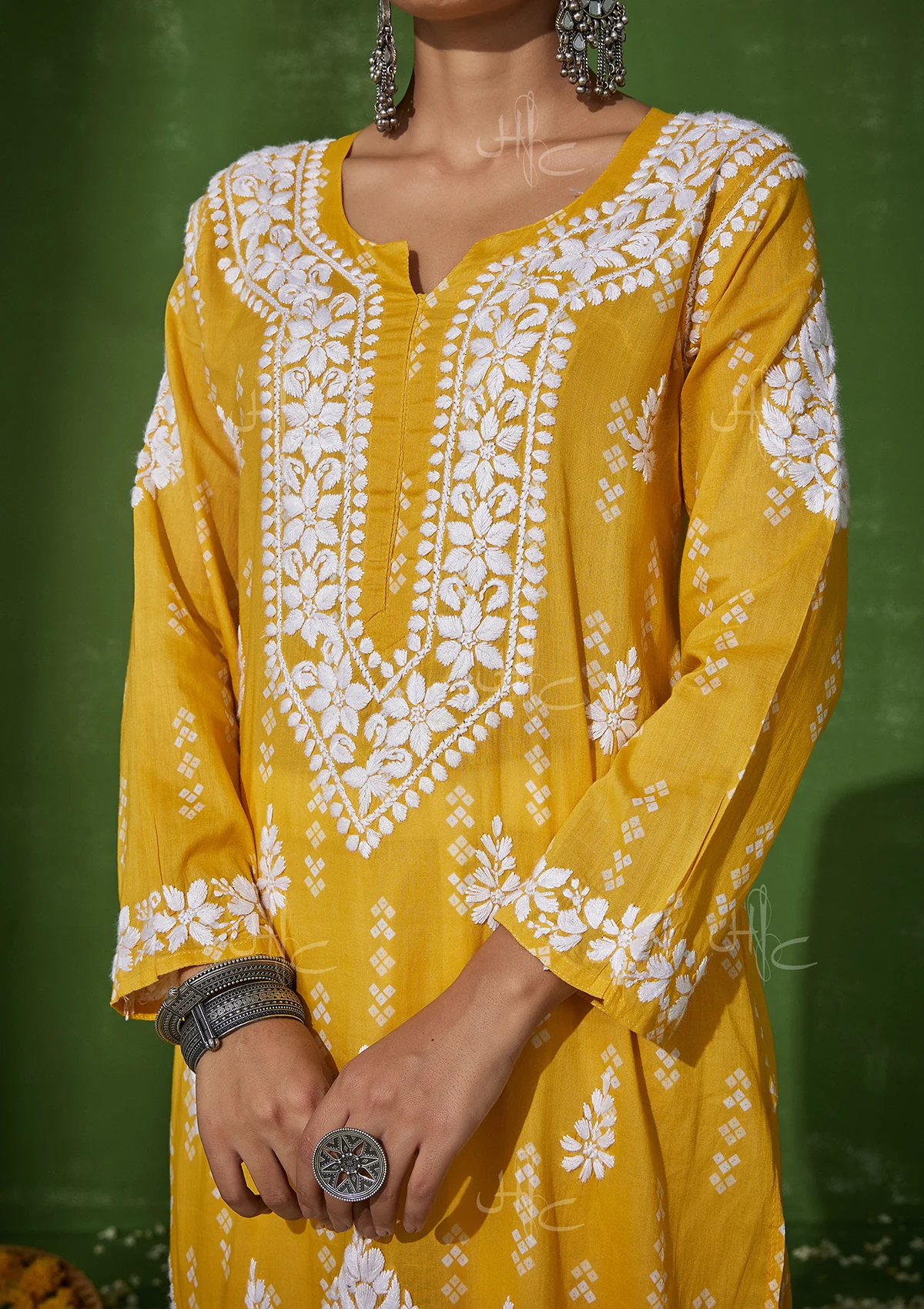 HOC Mira Chikankari Cotton Straight Kurta - Yellow - Healthber