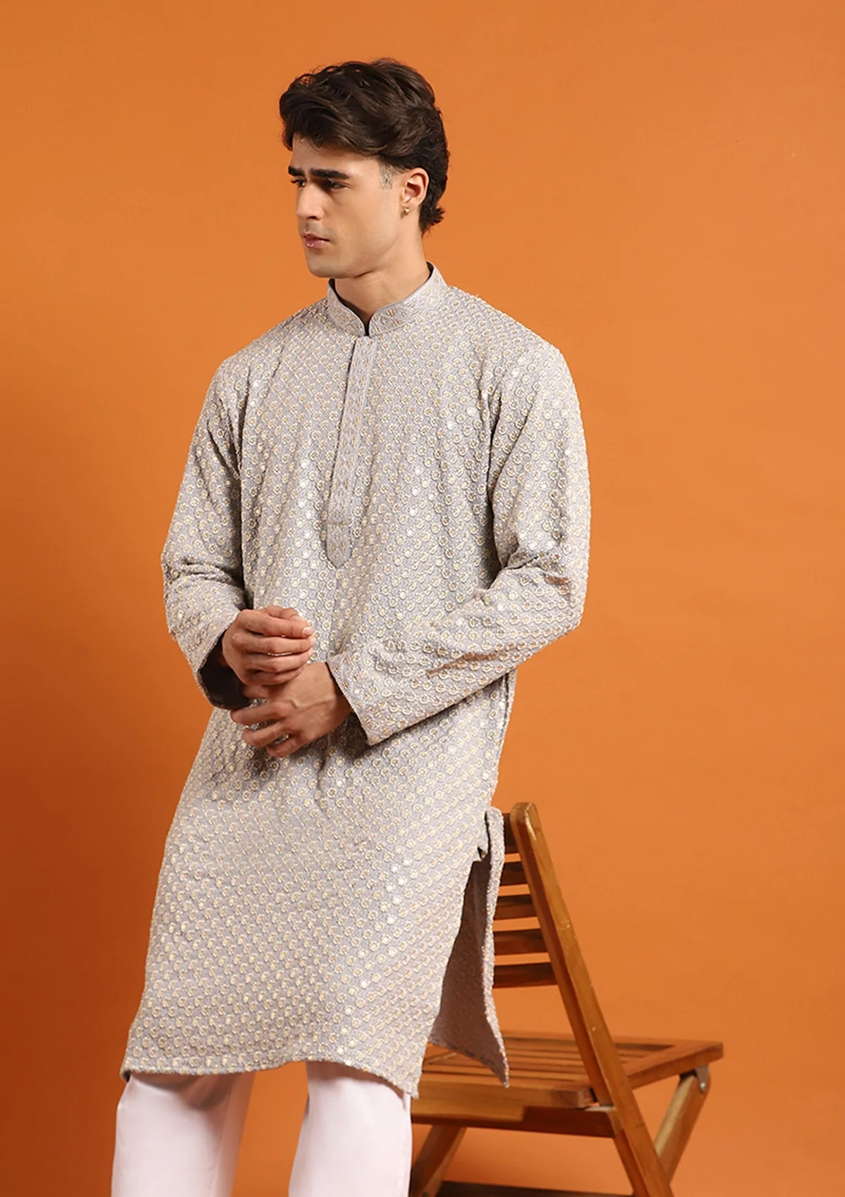 HOC Rayon Embroidered With Sequins Solid Men's Long Kurta- Light Grey - Healthber