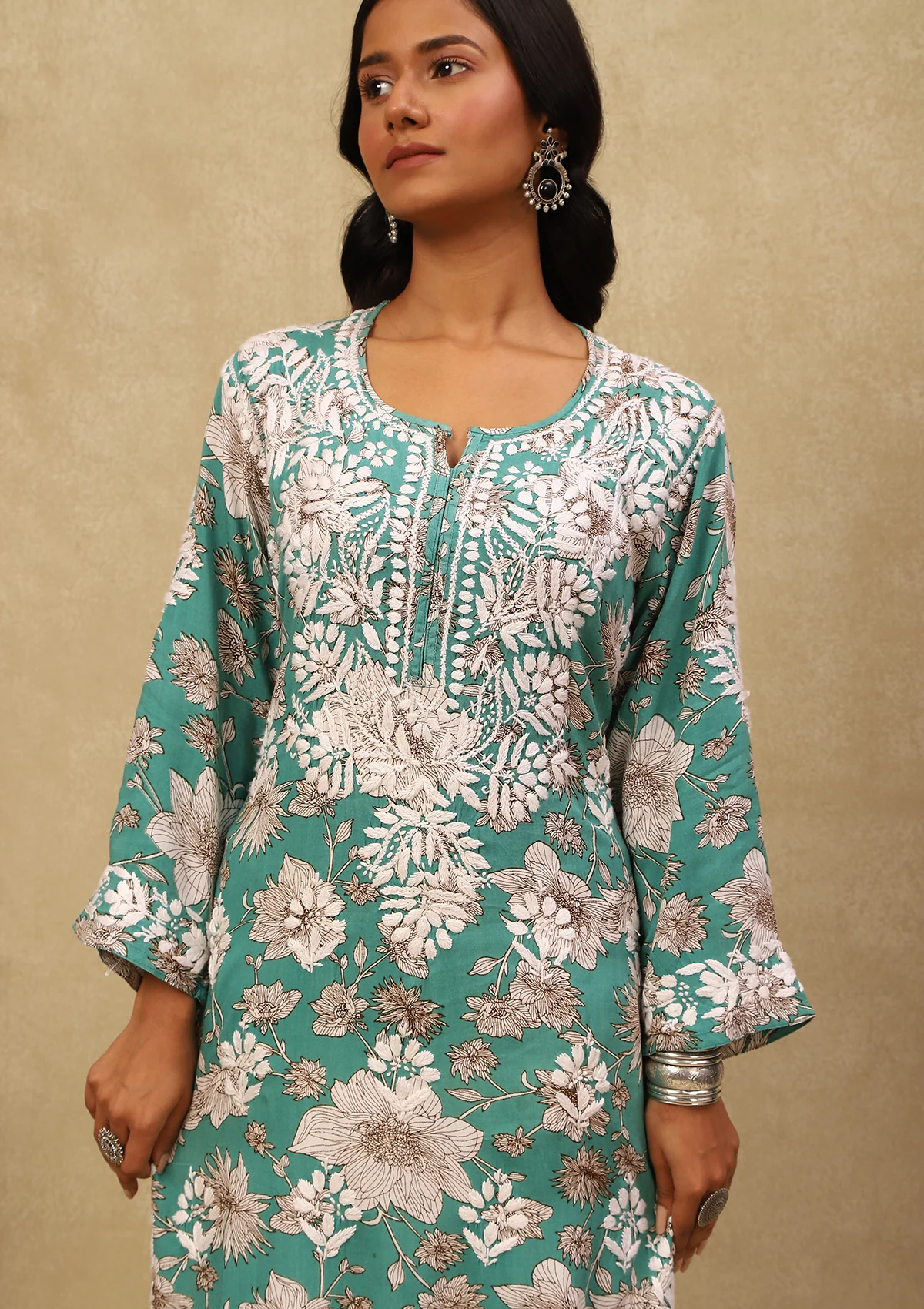 HOC Rayon Chikankari Printed Women's Long Kurta -Mint Green - Healthber