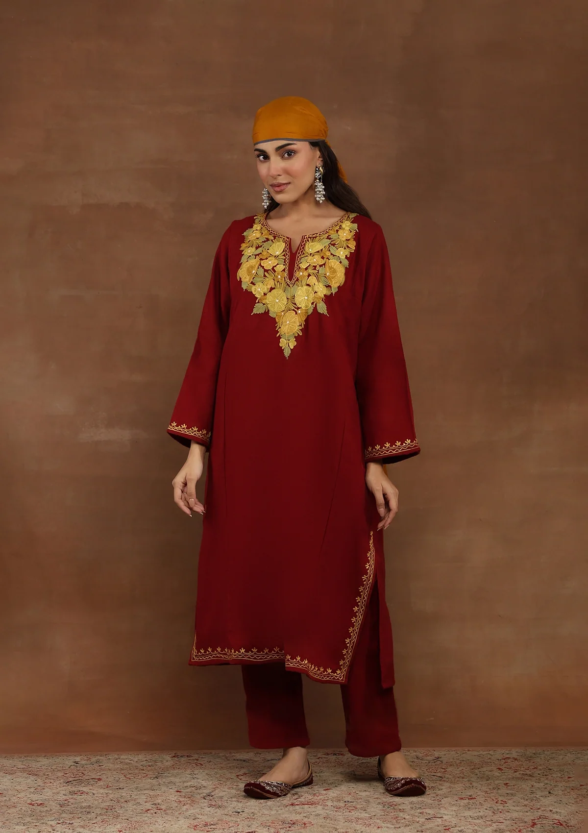 HOC Kashmiri Wool Aari Embroidered Solid Women's Phiran Kurta -Maroon - Healthber