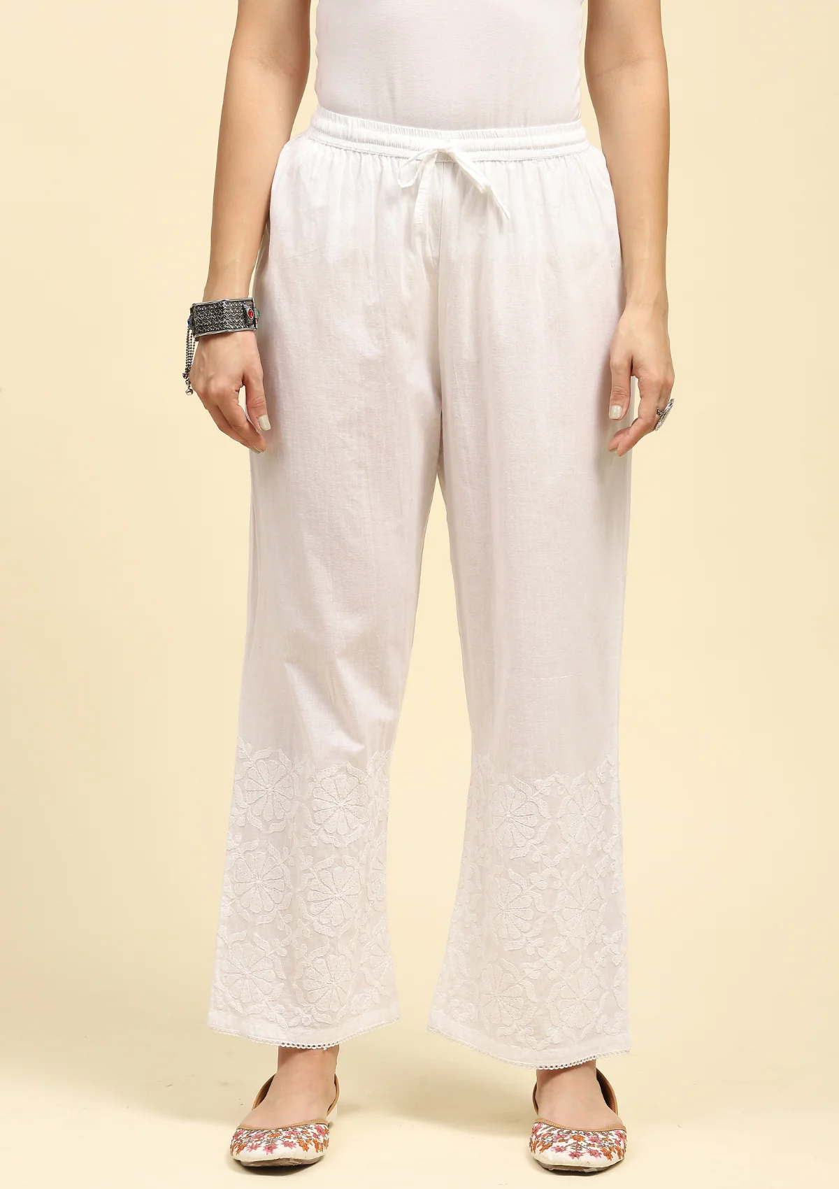 HOC Cotton Chikankari Solid Women's Palazzo - White - Healthber