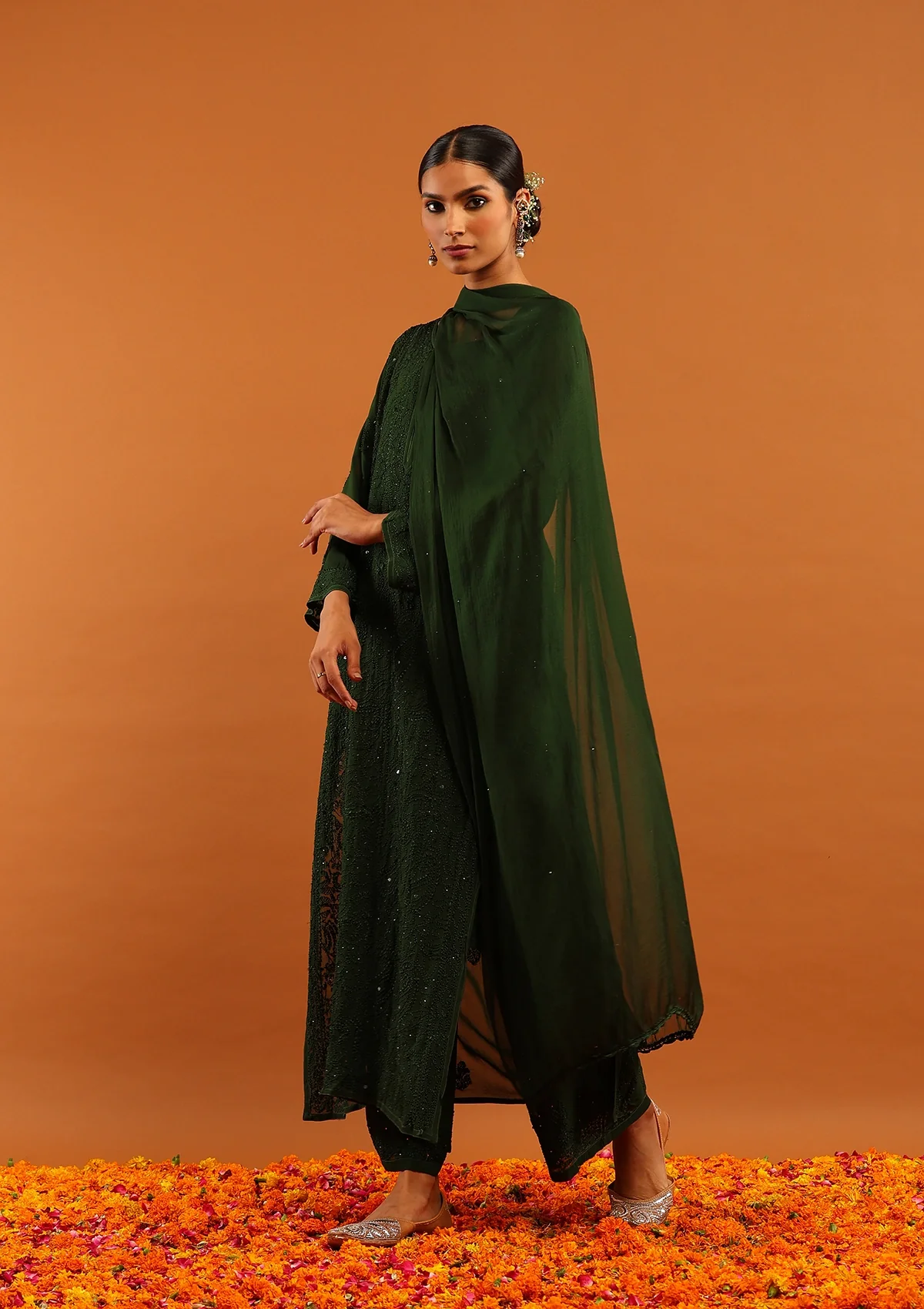 HOC Viscose Georgette Chikankari Mukaish & Kamdani Solid Women's 4 PC Long Kurta Set-Bottle Green - Healthber