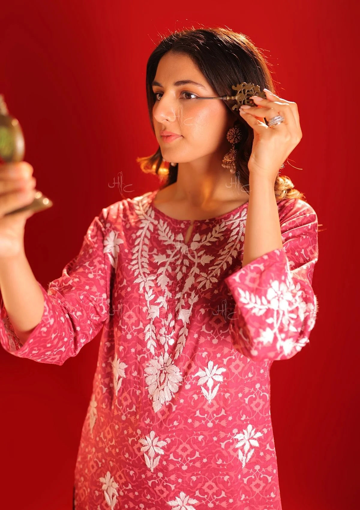 HOC Meher Mulmul Chikankari Printed Women's 2 PC Short Kurta Set - Pink - Healthber