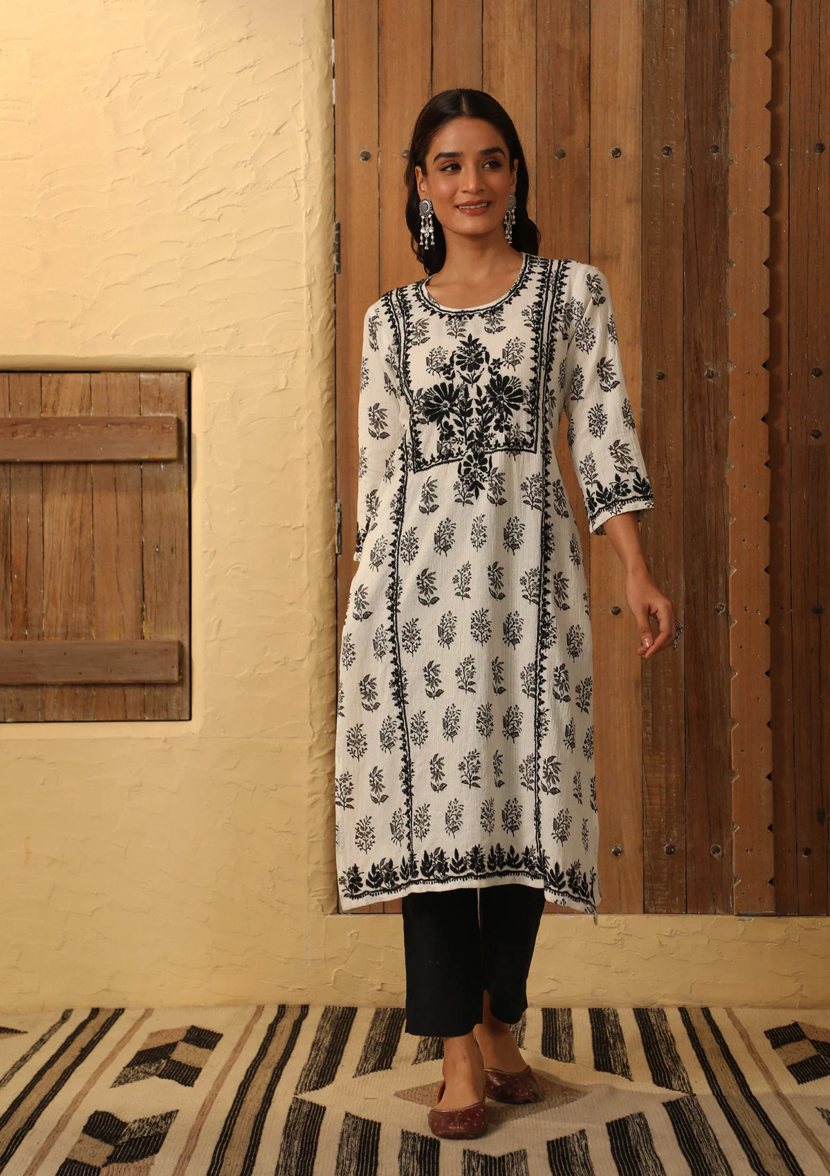 HOC Cotton Chikankari Printed Women's Long Kurta - White - Healthber