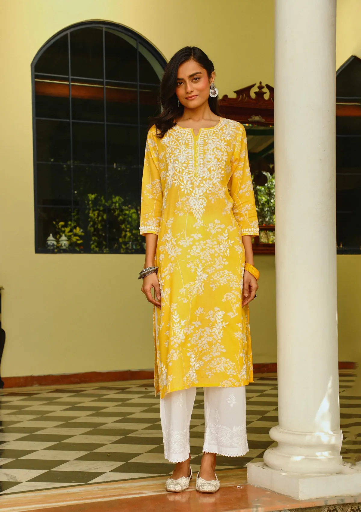 HOC Zainab Chikankari Mulmul Printed Straight Kurta -Yellow - Healthber