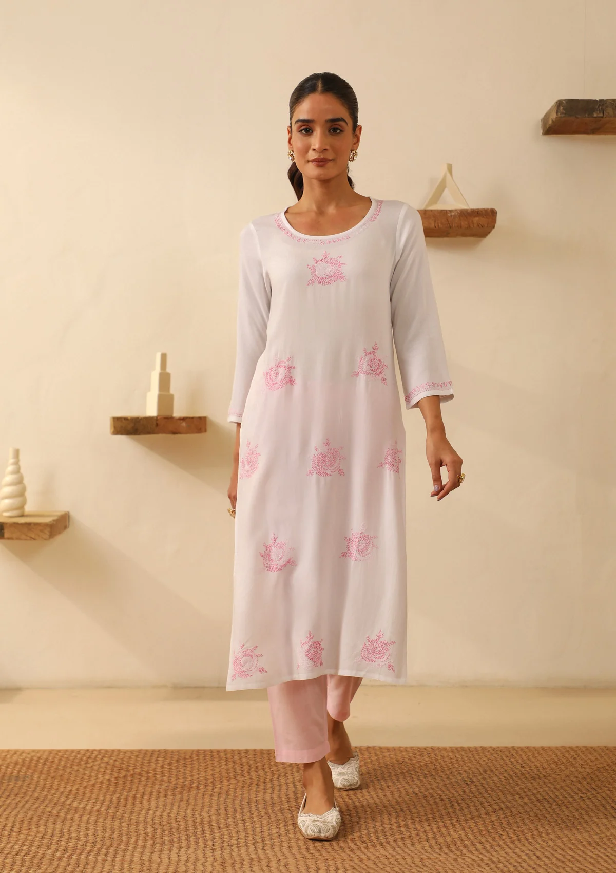 HOC Rayon Chikankari Solid Women's Long Kurta - White - Healthber