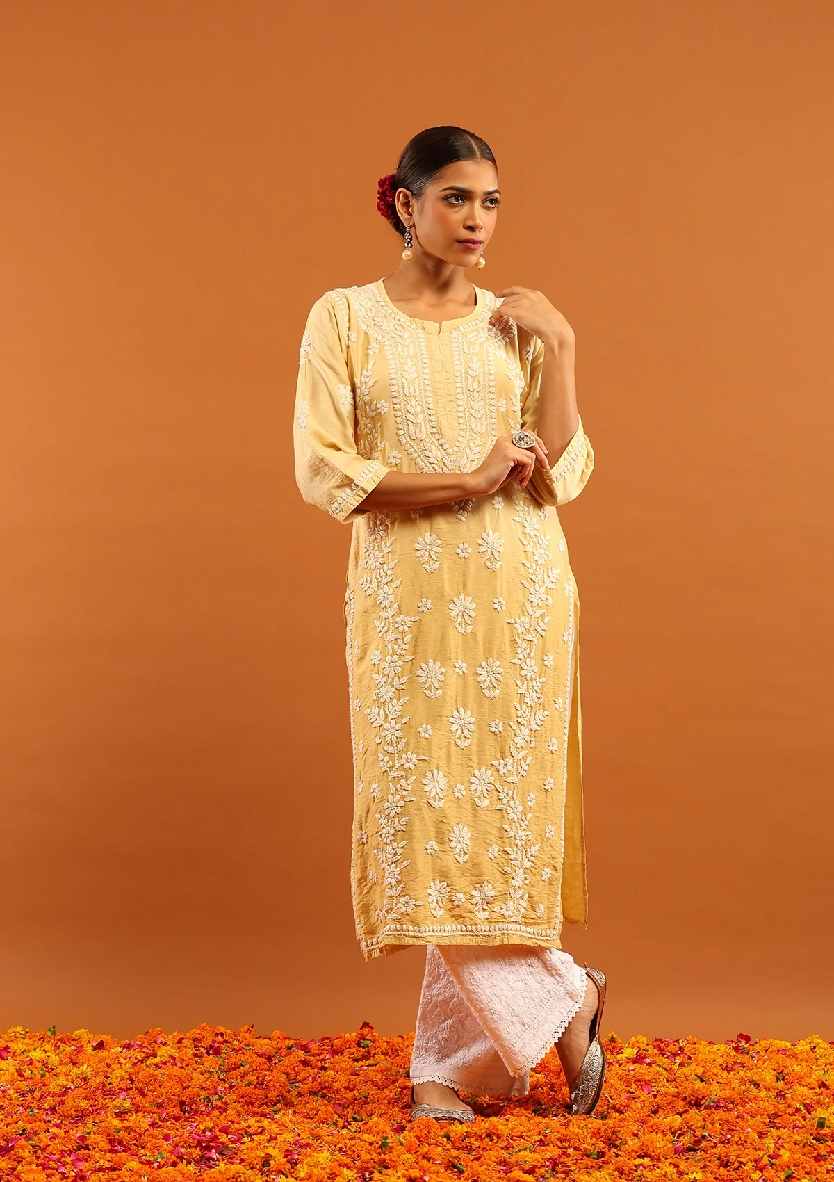 HOC Chanderi Chikankari Solid Women's Long Kurta-Light Yellow - Healthber