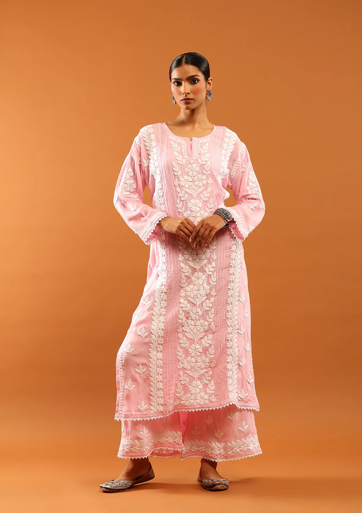 HOC Modal Chikankari Solid Women's 2 PC Long Kurta Set With Lace -Pink - Healthber