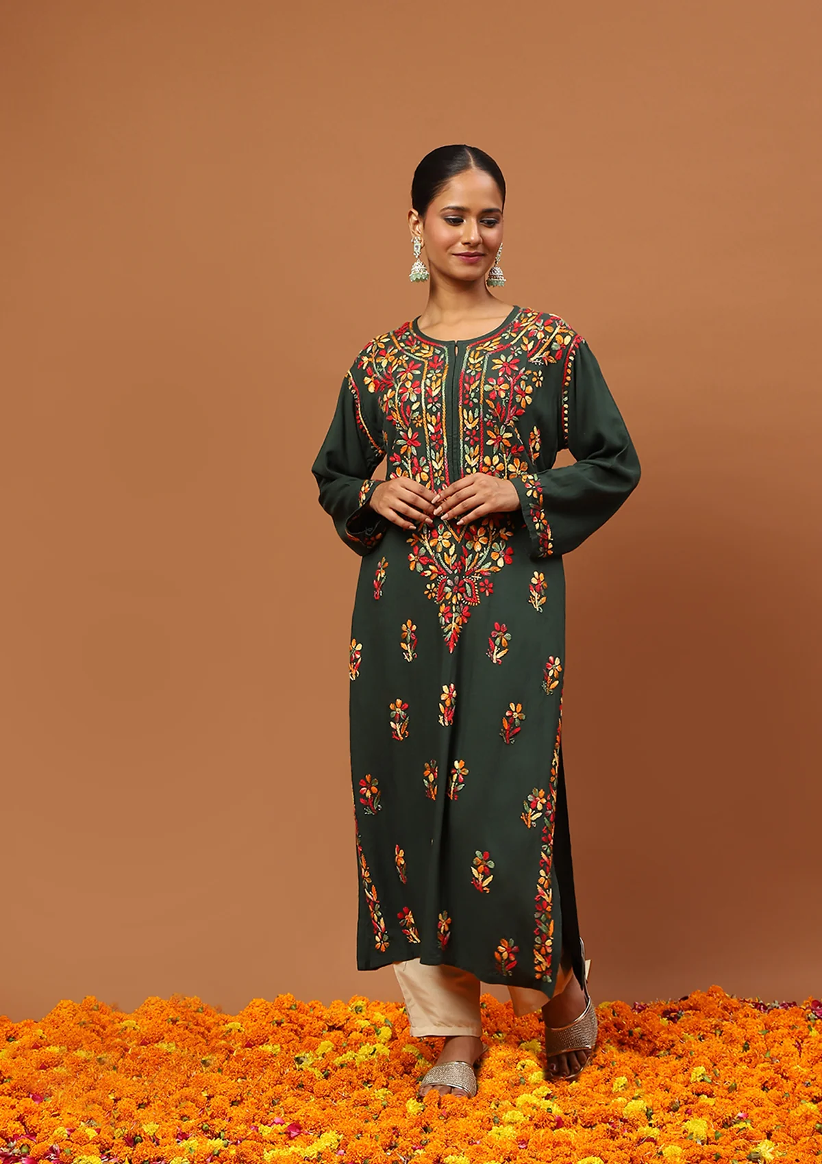 HOC Rayon Chikankari Solid Women's Long Kurta -Dark Green - Healthber