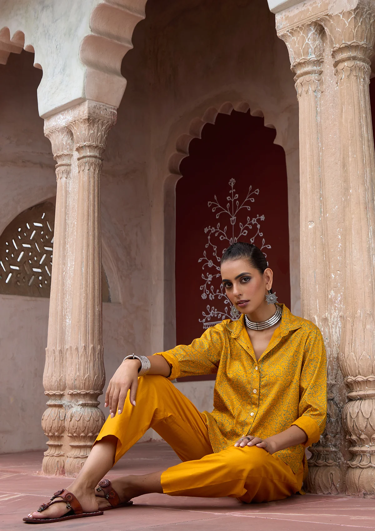 HOC Glazed Cotton Hand Block Printed with Hand Embroidery Women's 2 PC Co-ord Set - Mustard - Healthber