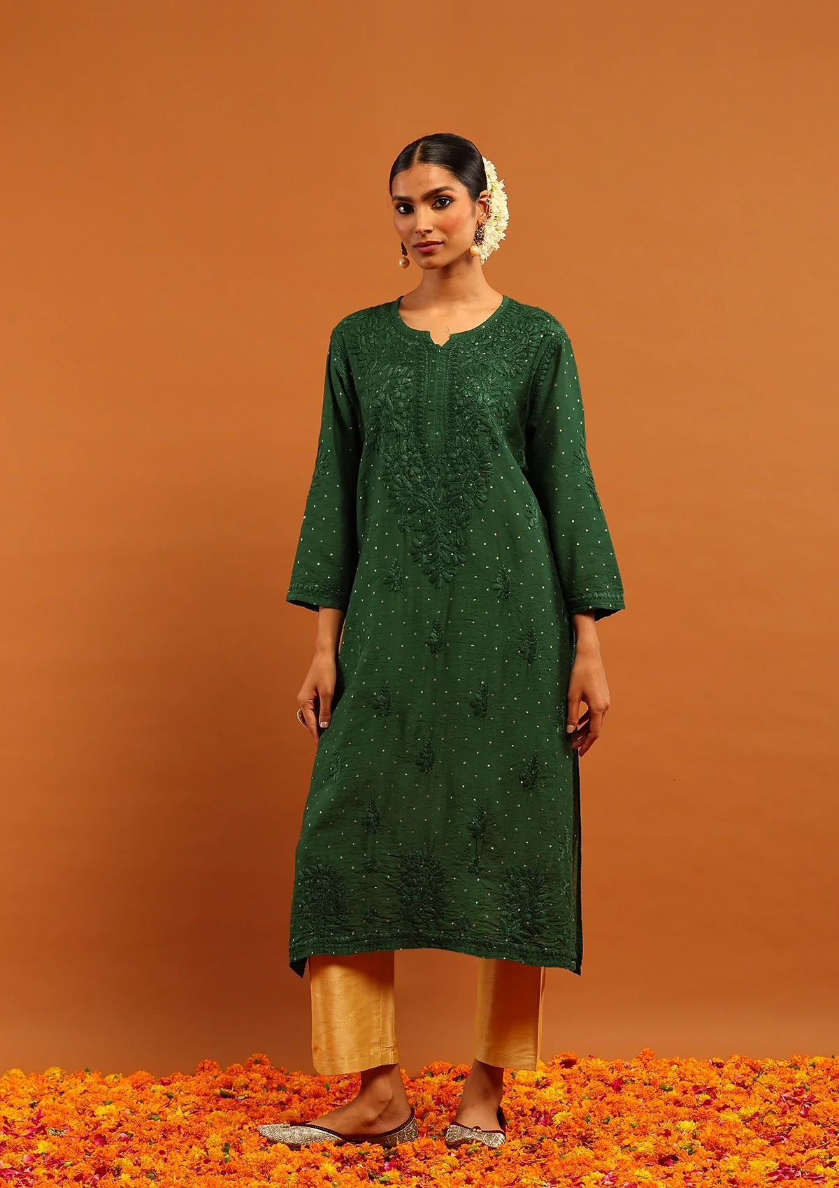HOC Banarasi Chanderi Chikankari Solid Women's Long Kurta-Green - Healthber