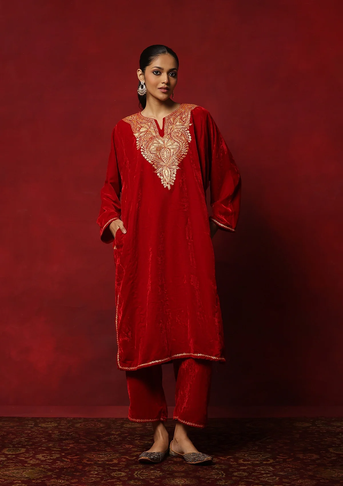 HOC Kashmiri Velvet Tilla Embroidered Solid Women's 2 PC Phiran Set -Red - Healthber