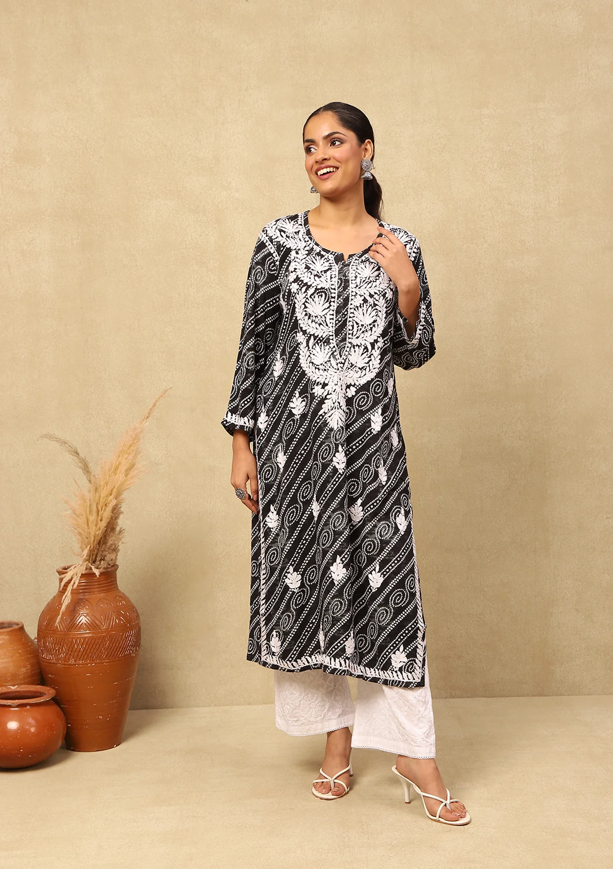 HOC Rayon Chikankari Bandhani Printed Women's Long Kurta-Black - Healthber