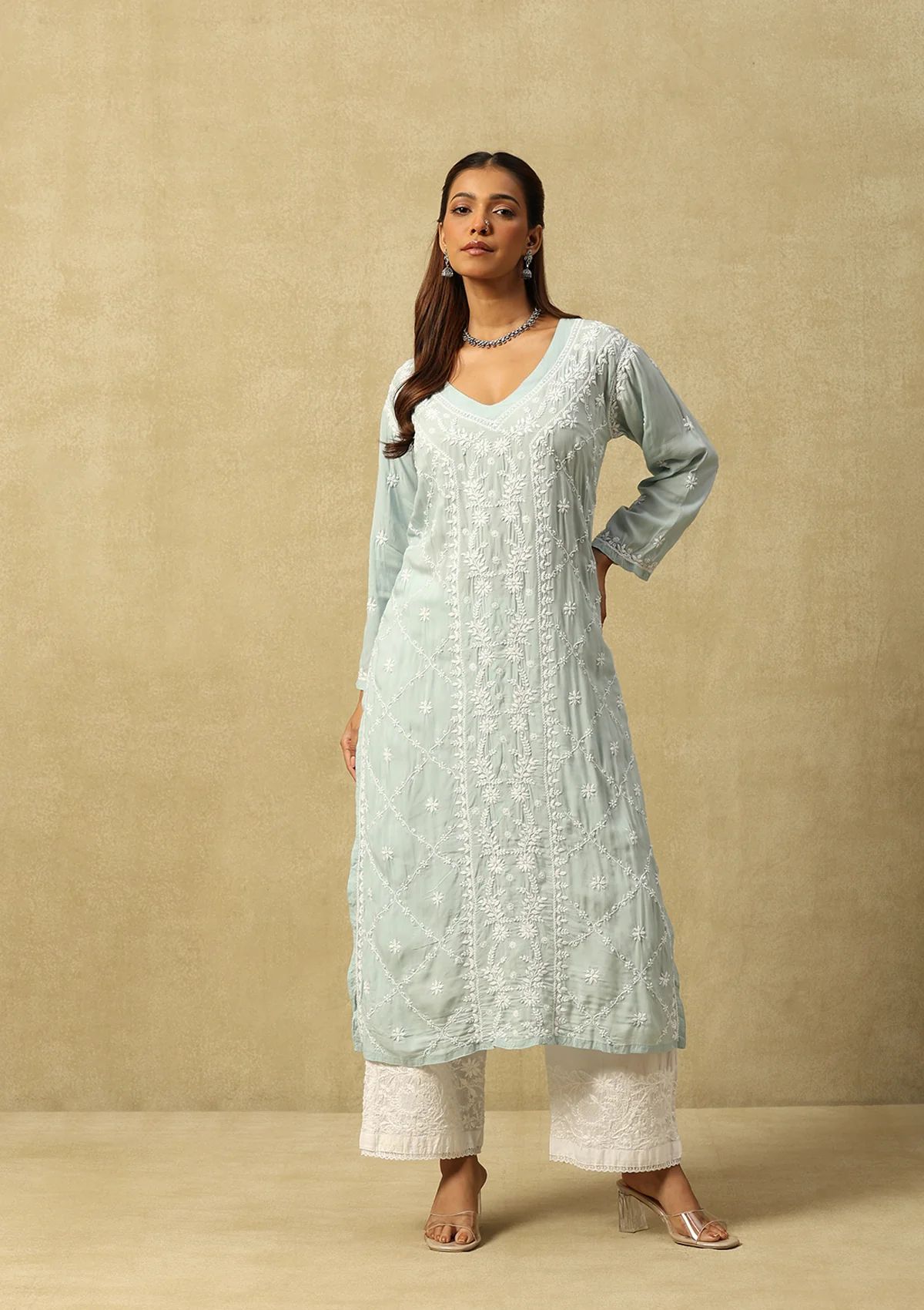 HOC Modal Chikankari Solid Women's Long Kurta -Powder Blue - Healthber