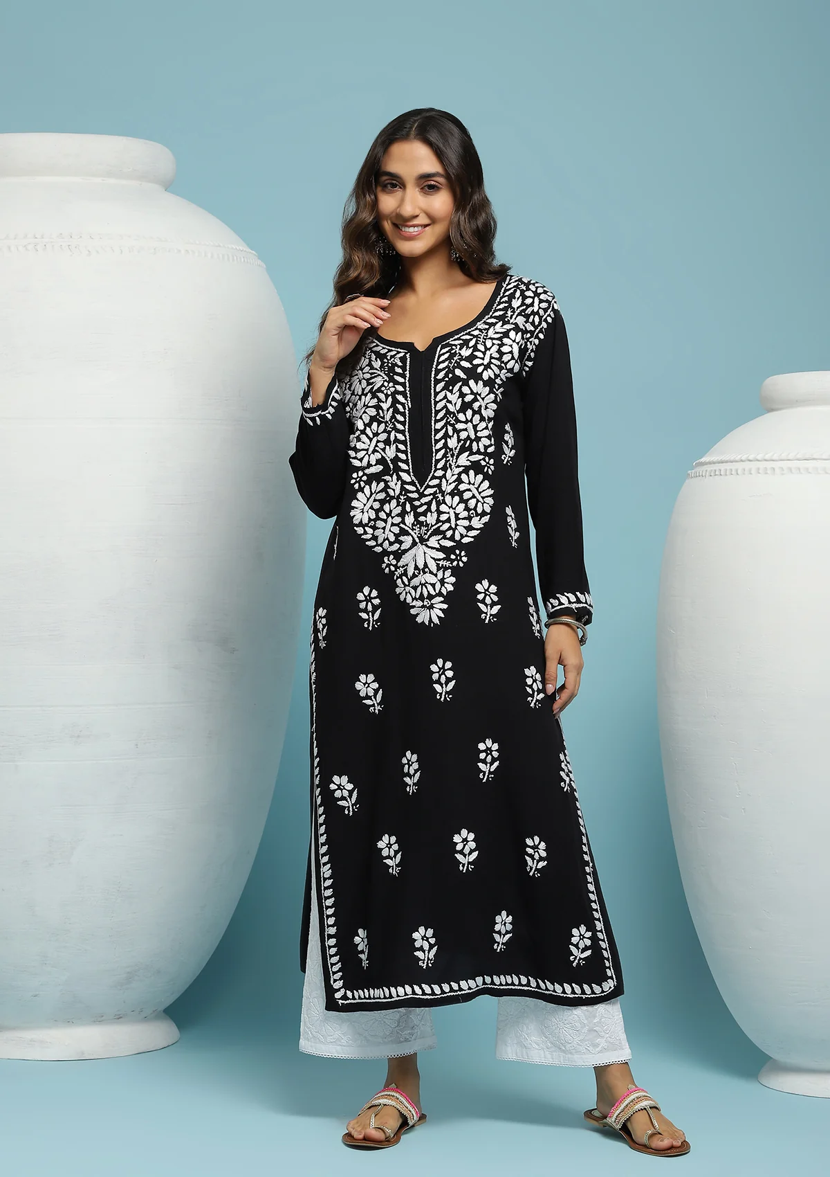 HOC Rayon Chikankari Solid Women's Long Kurta - Black - Healthber