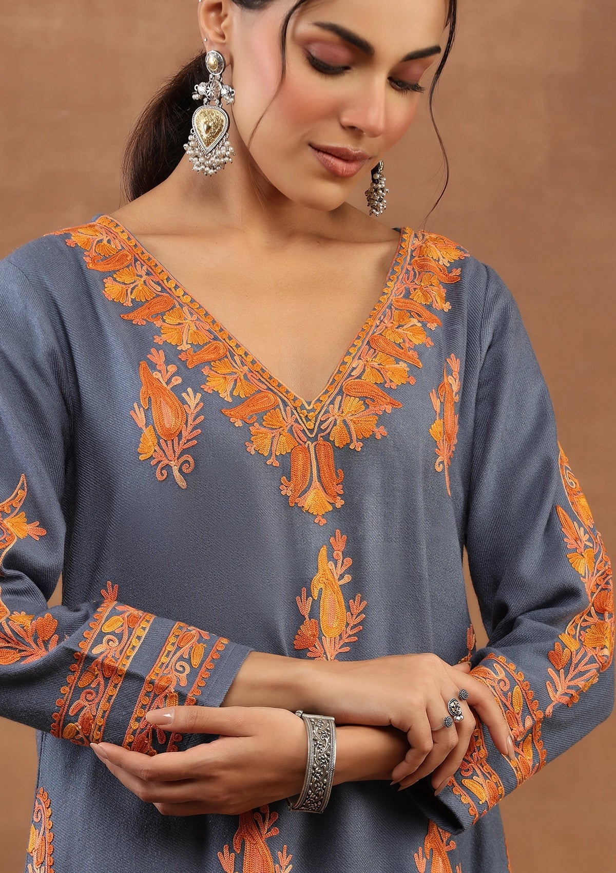 HOC Kashmiri Wool Aari Embroidered Solid Women's Long Kurta -Powder Blue - Healthber