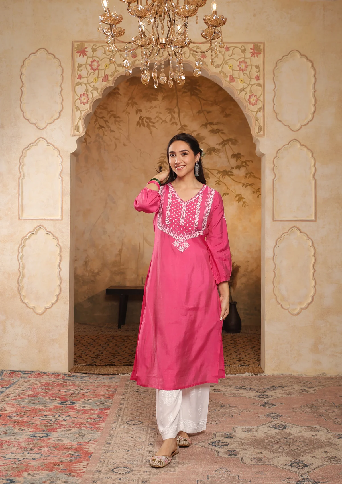 HOC Chanderi Chikankari Solid Women's Long Kurta - Pink - Healthber