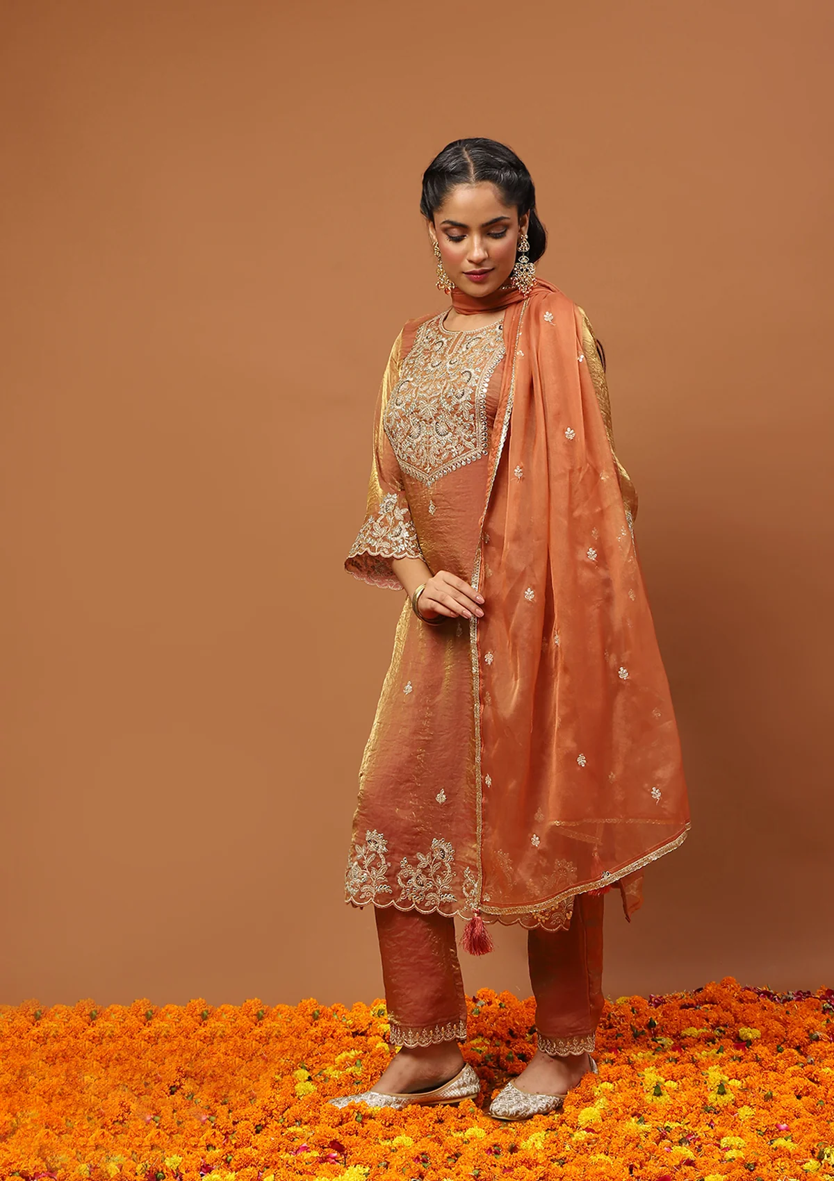 HOC Satin Tissue Silk Zardozi with Sequins Solid Women  s 3 PC Straight Kurta Set - Copper - Healthber