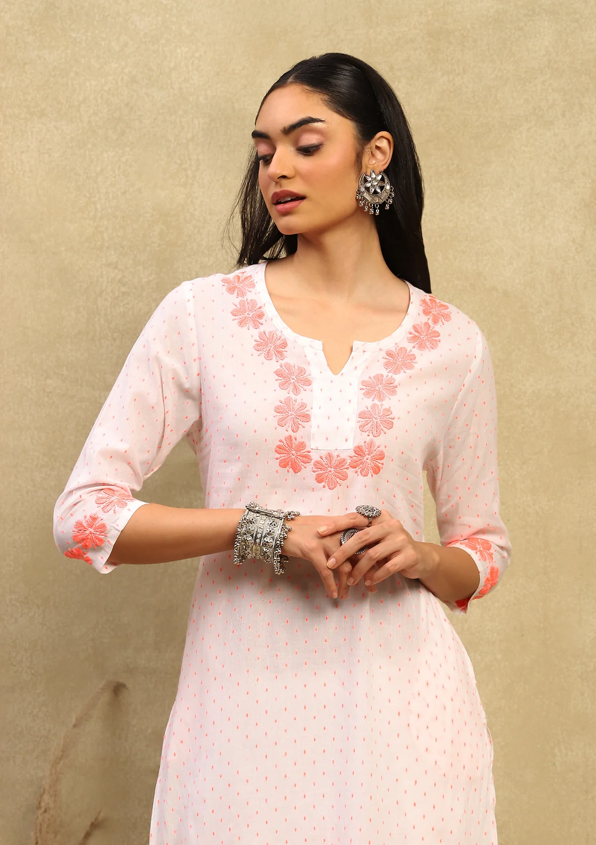 HOC Cotton Dobby Chikankari Solid Women's Long Kurta - Off White - Healthber