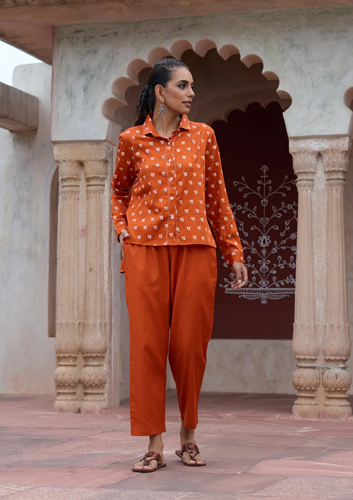 HOC Glazed Cotton Hand Block Printed with Hand Embroidery Women's 2 PC Co-ord Set - Orange - Healthber