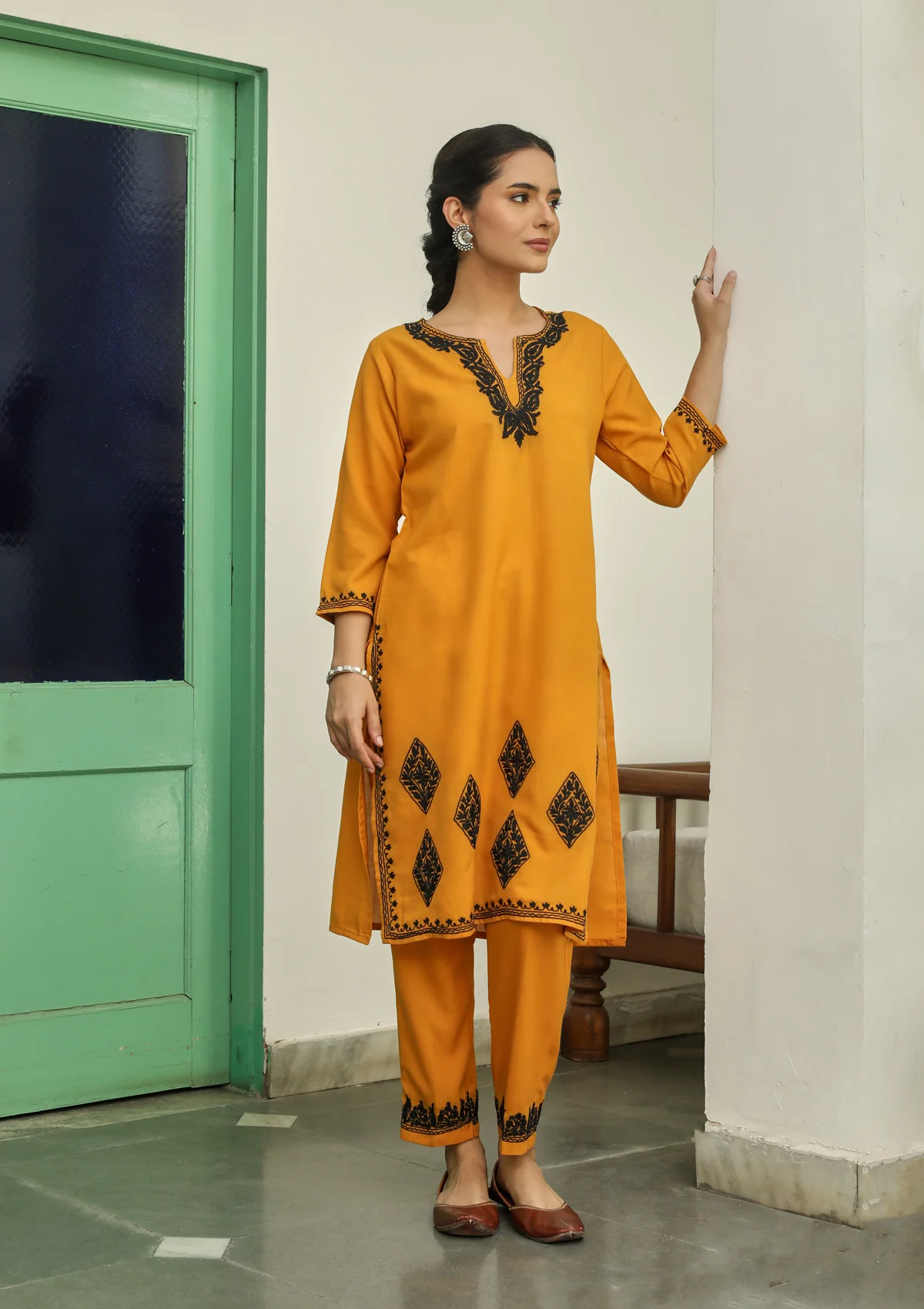 HOC Aari Embroidered Cotton Solid Women's 2PC Long Kurta Set - Mustard - Healthber