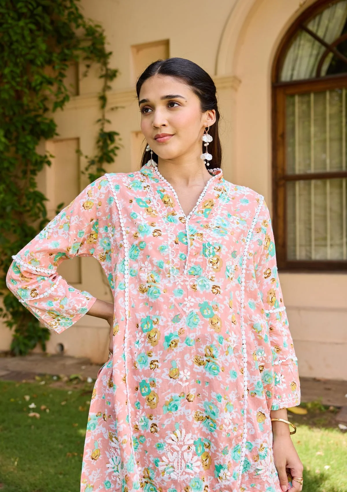 HOC Cotton Chikankari Printed Women's Short Kurta - Peach - Healthber