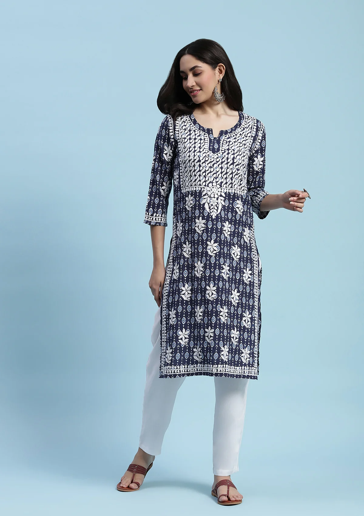 HOC Kantha Cotton Chikankari Printed Women's Long Kurta - Blue - Healthber