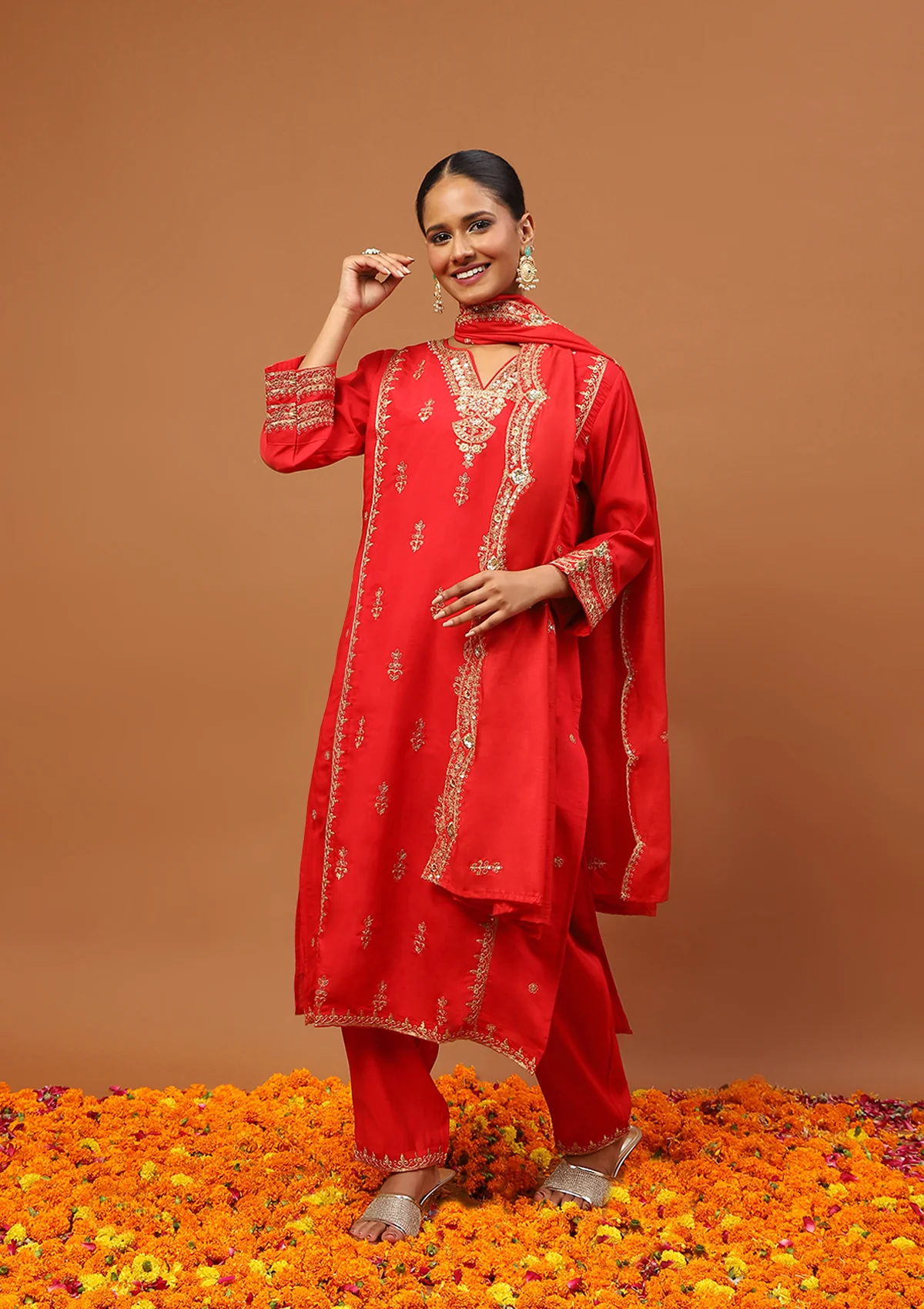 HOC Chanderi Blend Embroidered Zardozi Solid Women's 3 PC Long Kurta Set-Red - Healthber
