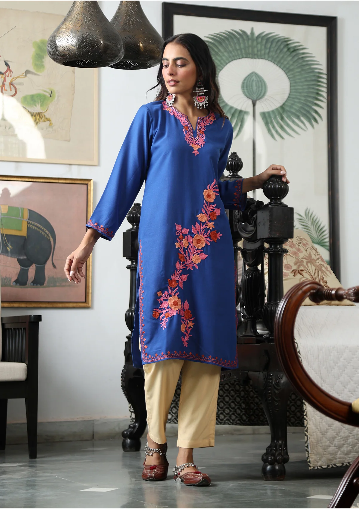 HOC Aari Embroidered Cotton Solid Women's Long Kurta - Blue - Healthber