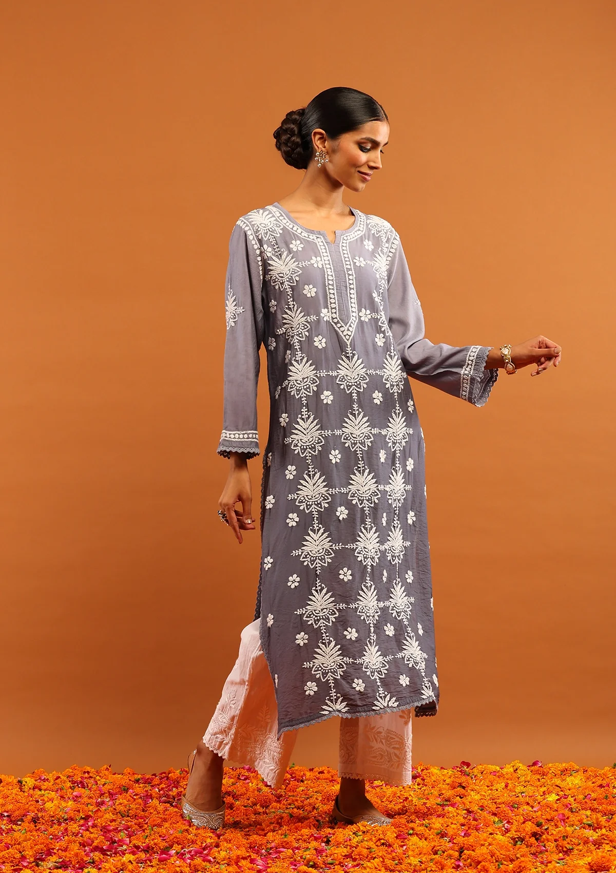 HOC Chanderi Chikankari Ombre Women's Long Kurta-Grey - Healthber