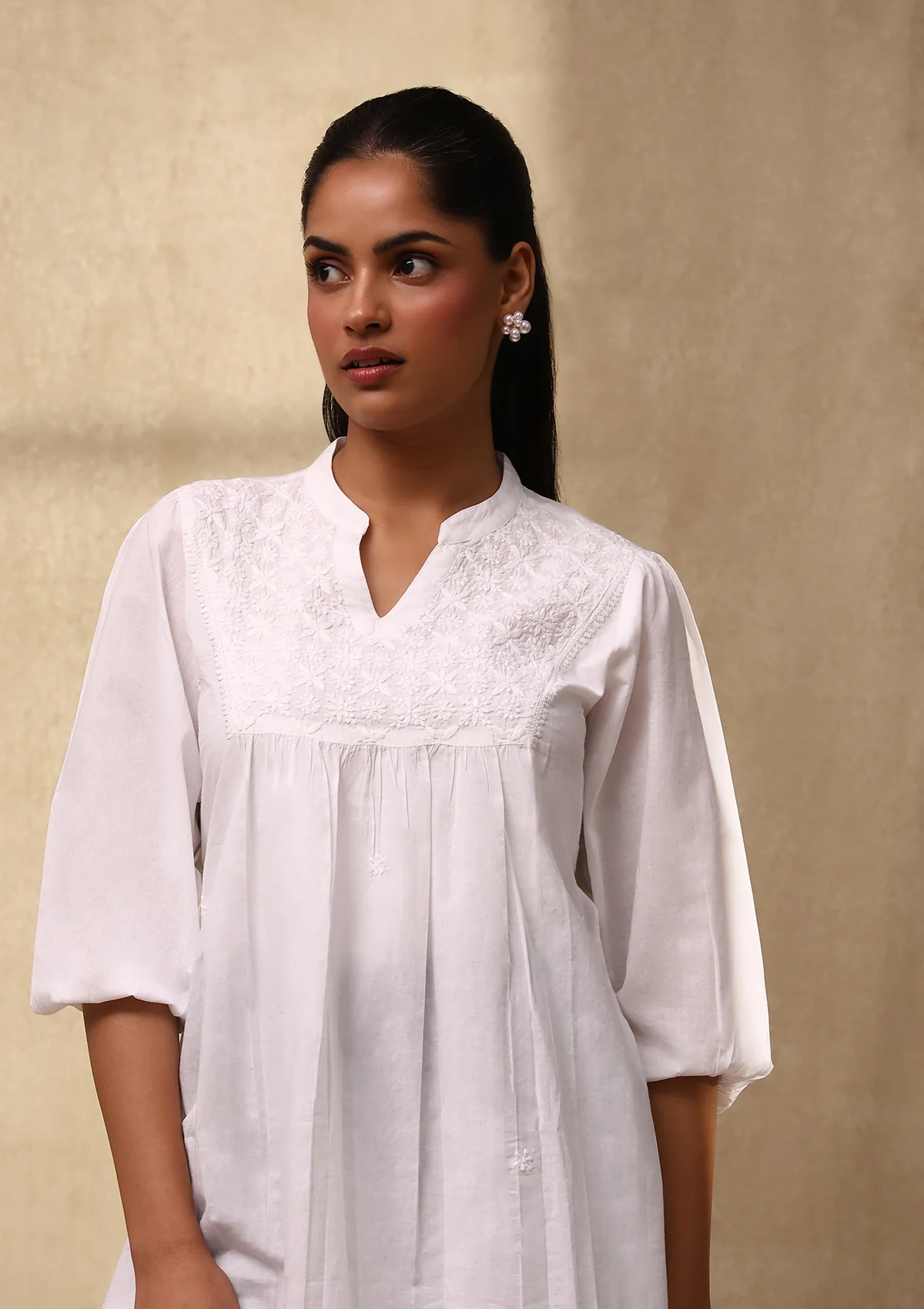 HOC Cotton Chikankari Solid Women's Short Kurta - White - Healthber