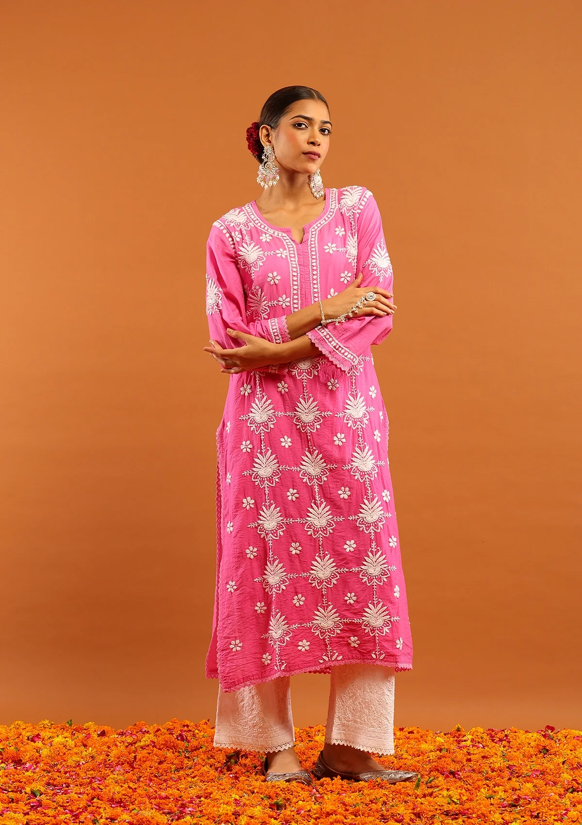 HOC Chanderi Chikankari Ombre Women's Long Kurta-Pink - Healthber