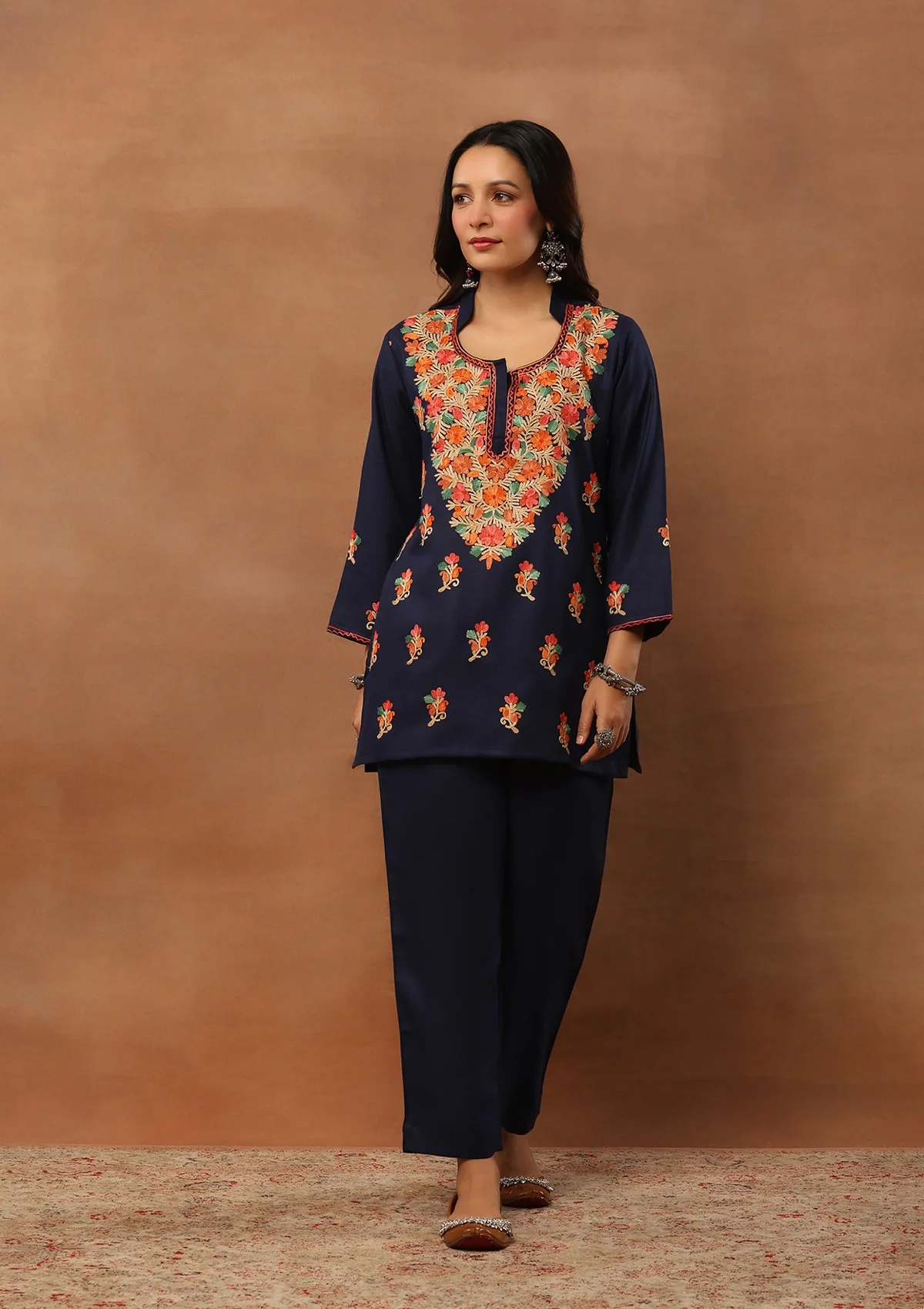 HOC Woollen Aari Embroidered Solid Women's 2 PC Short Kurta Set - Blue - Healthber