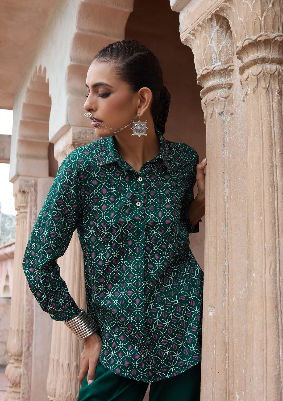 HOC Glazed Cotton Hand Block Printed with Hand Embroidery Women's 2 PC Co-ord Set - Dark Green - Healthber