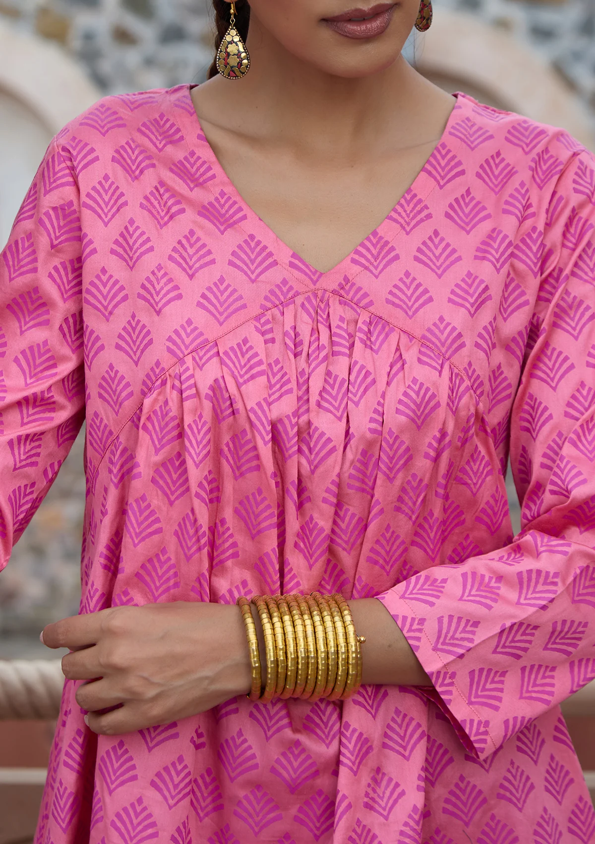 HOC Glazed Cotton Hand Block Printed Women's Short Kurta - Pink - Healthber