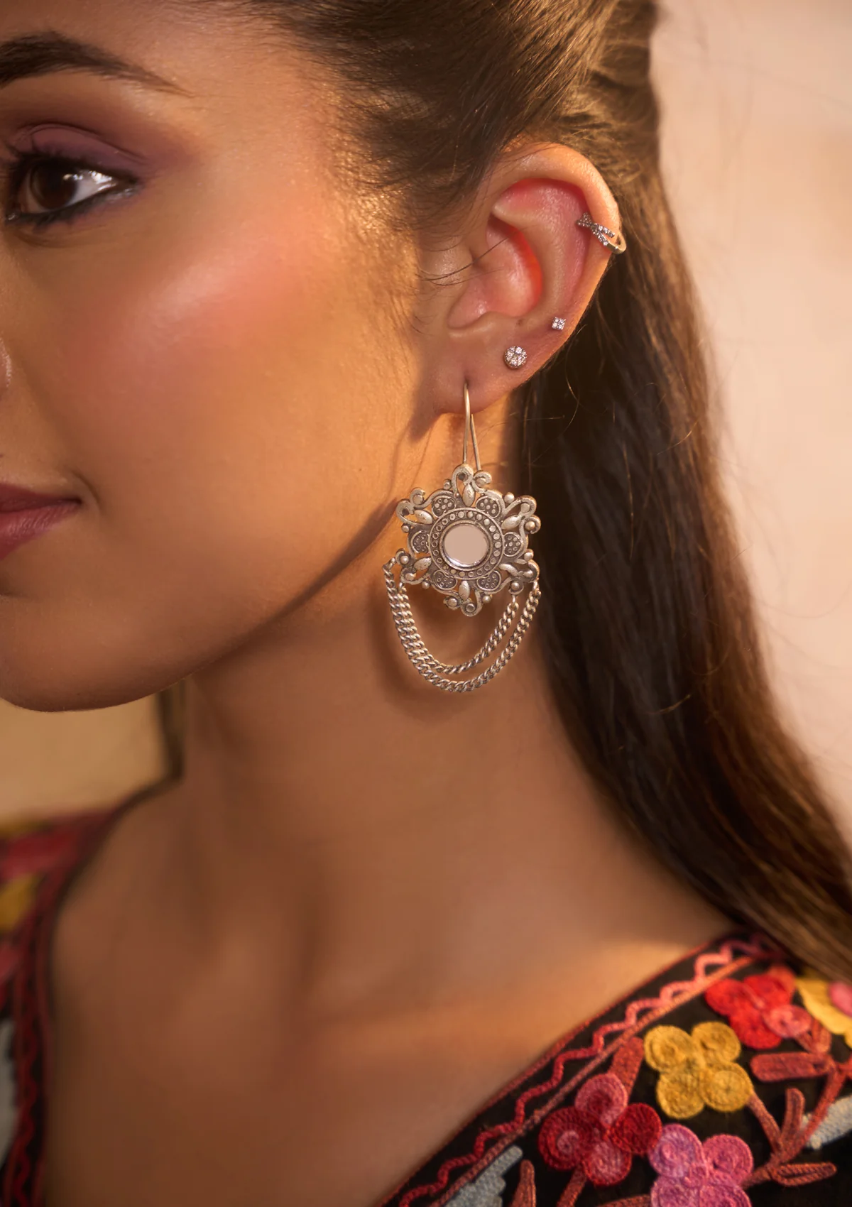 HOC Handcrafted Silver Tone Hanging Chain Mirror Earrings - Healthber