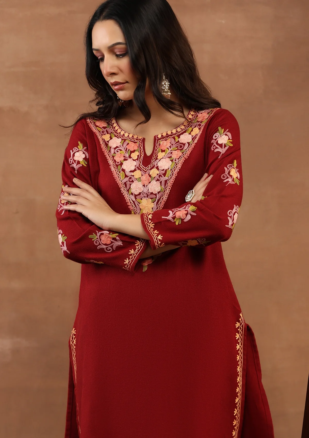 HOC Kashmiri Wool Aari Embroidered Solid Women's 2 PC Kurta Set-Maroon - Healthber