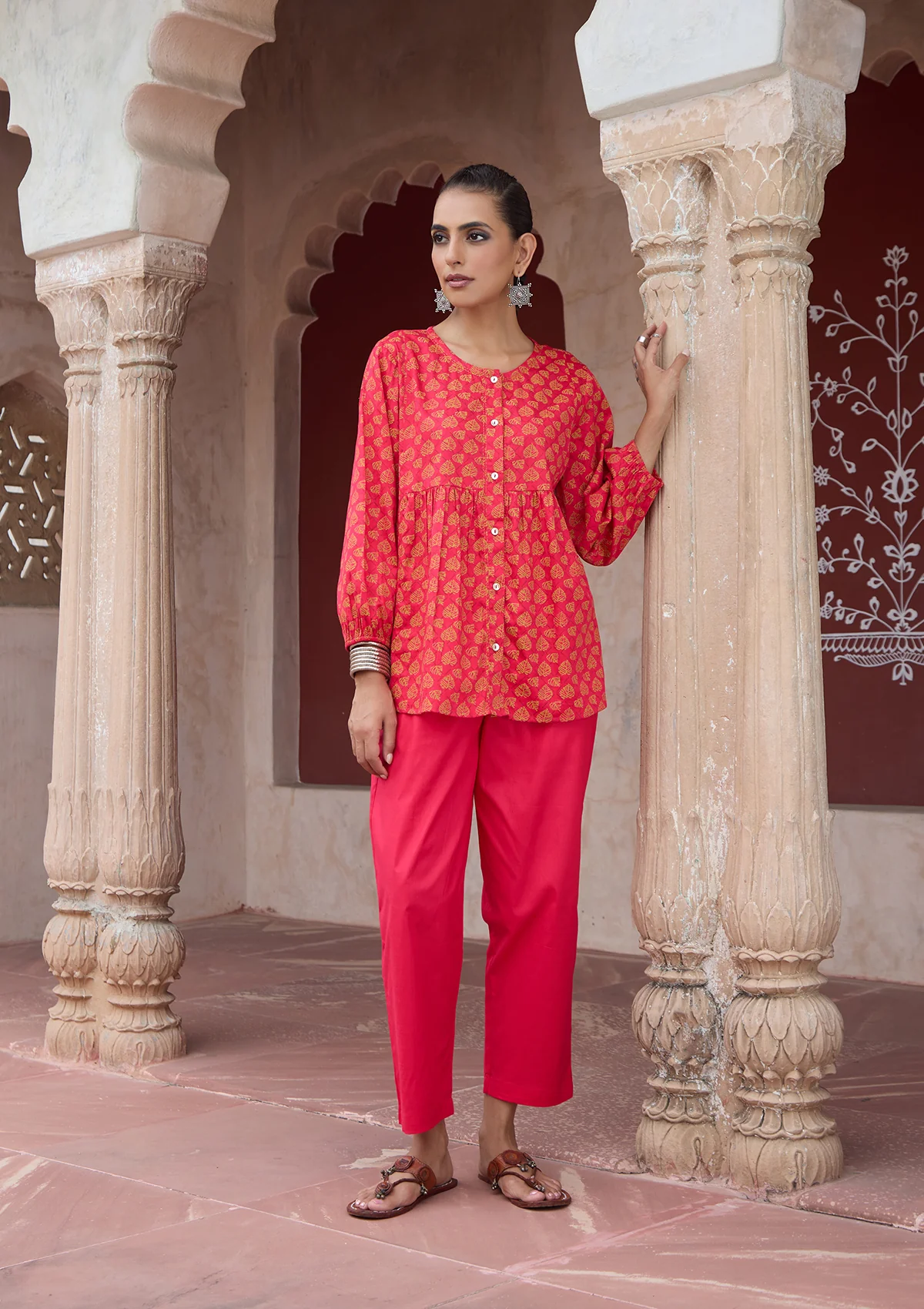 HOC Glazed Cotton Hand Block Printed with Hand Embroidery Women's 2 PC Co-ord Set - Pink - Healthber