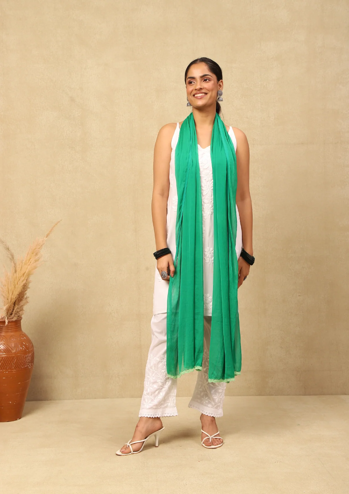 HOC Chiffon Solid Women's Dupatta With Lace-Green - Healthber