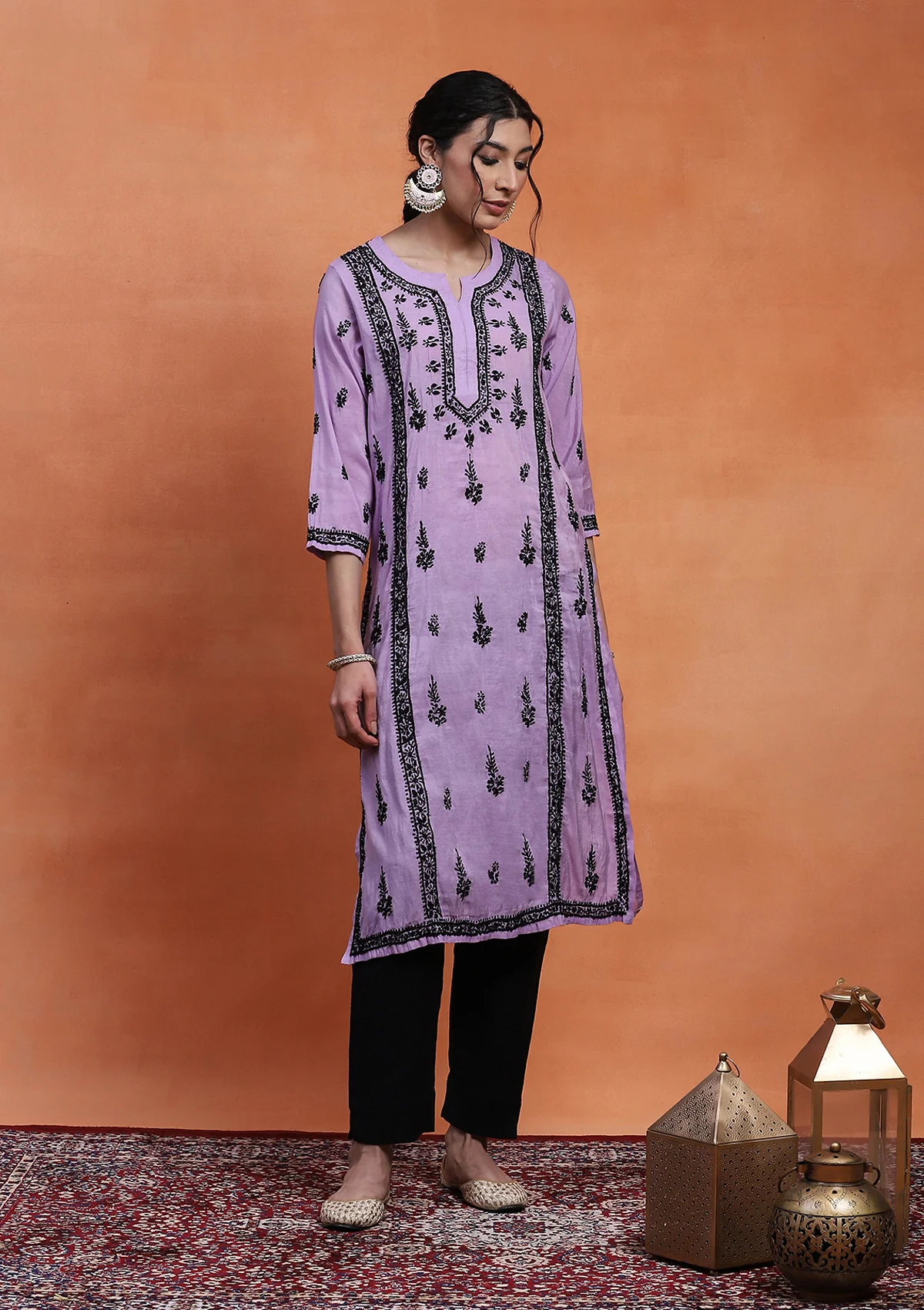 HOC Chanderi Chikankari Solid Women's Long Kurta - Lavender - Healthber