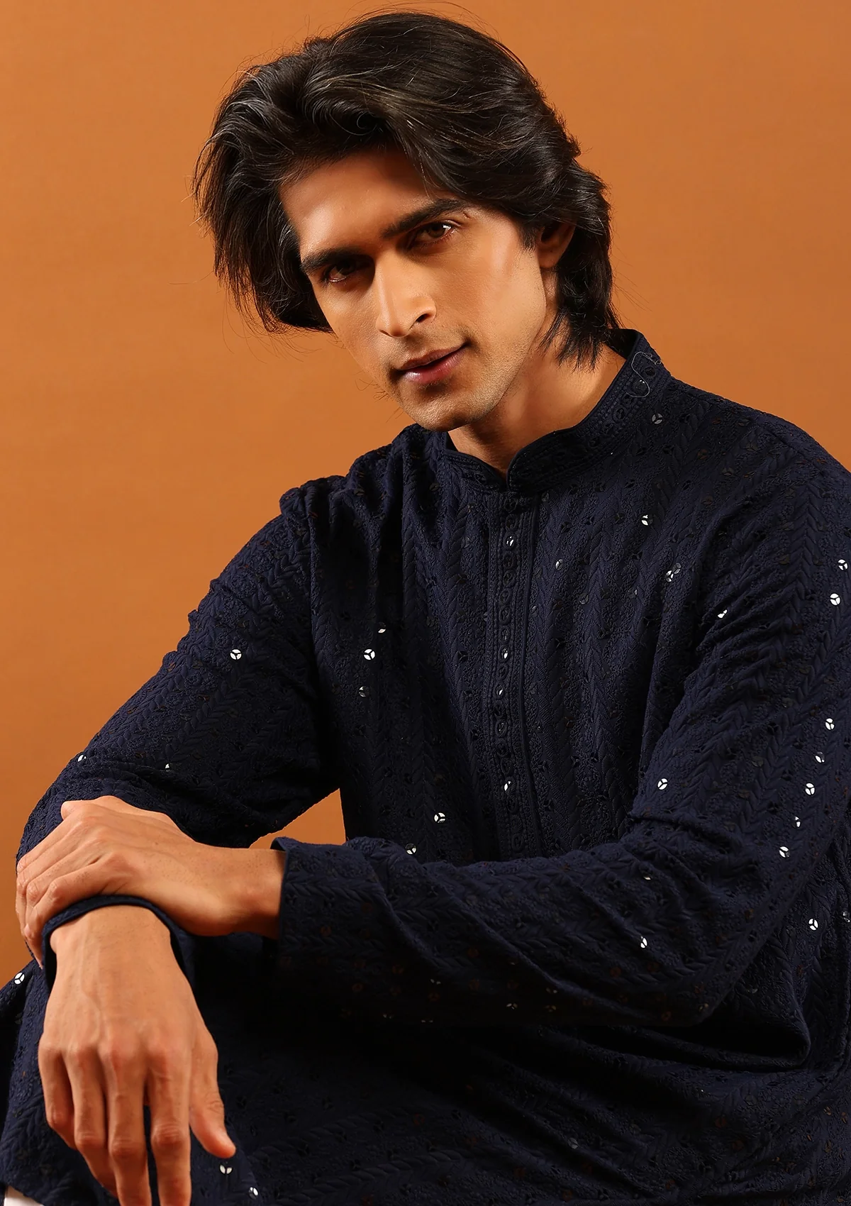 HOC Rayon Embroidered With Sequins Solid Men's Long Kurta- Navy Blue - Healthber