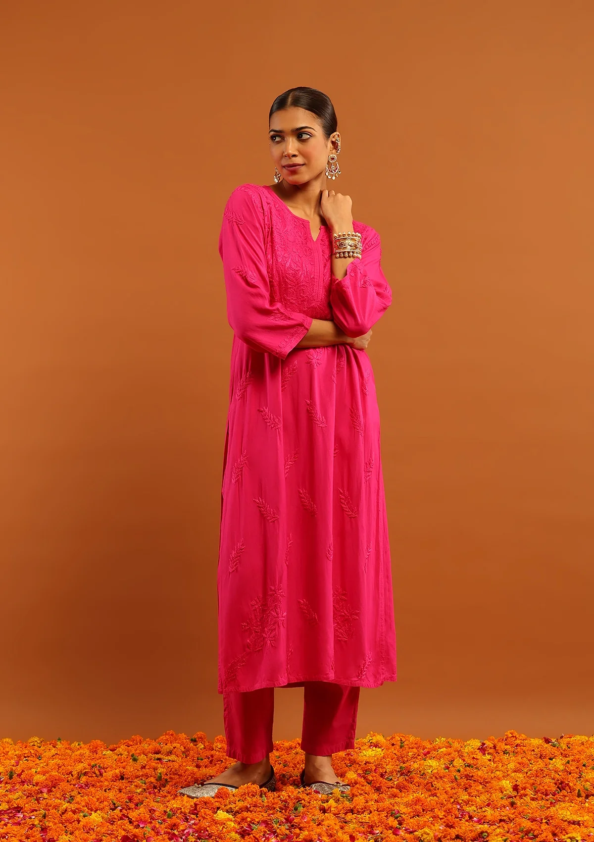 HOC Rayon Chikankari Solid Women's Long Kurta-Dark Pink - Healthber