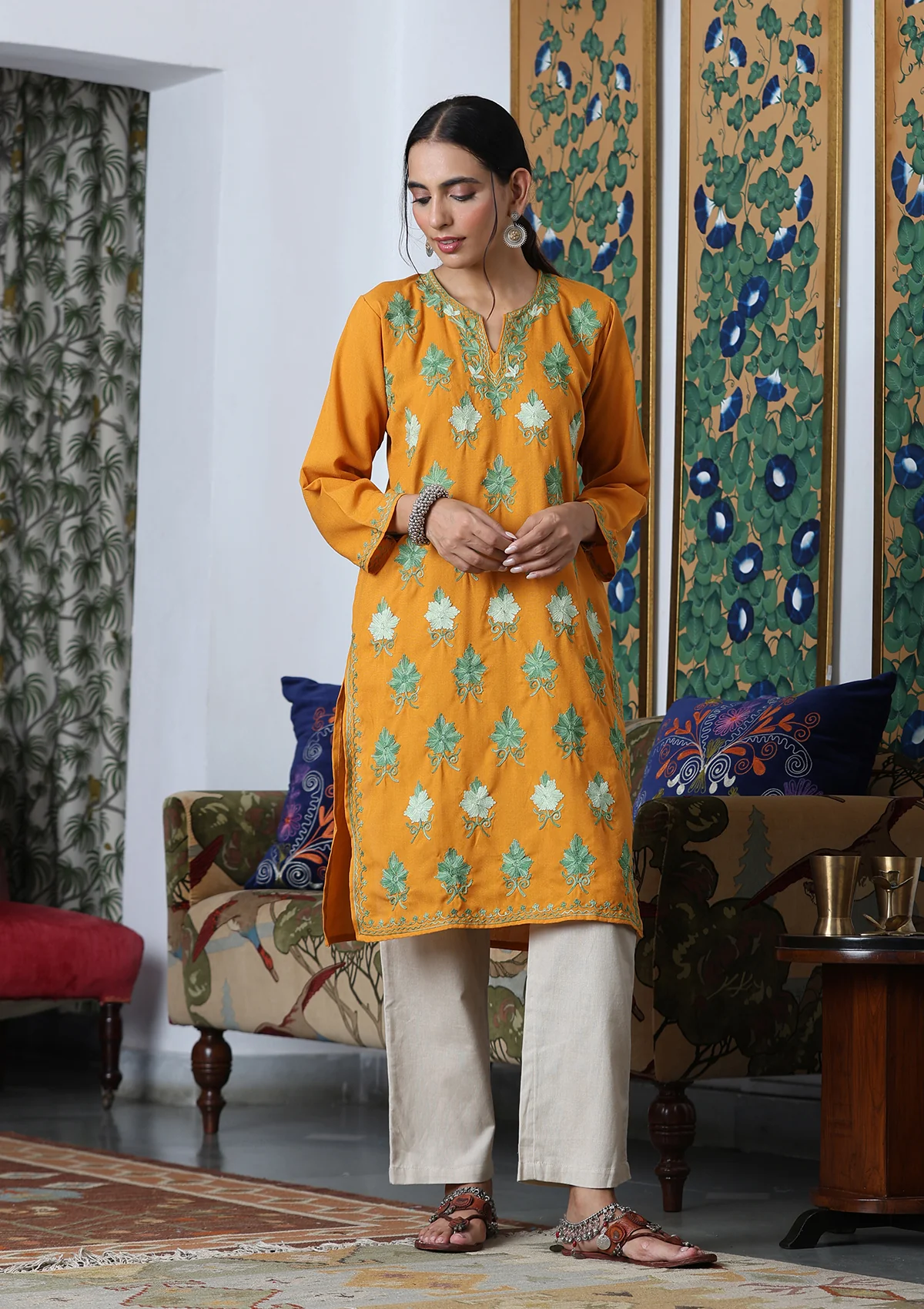 HOC Aari Embroidered Cotton Solid Women's Long Kurta - Yellow - Healthber