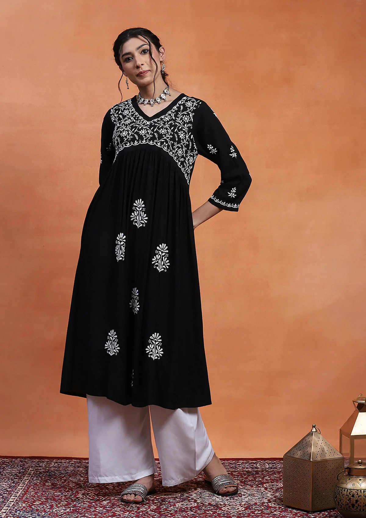 HOC Rayon Chikankari Solid Women's Long Kurta  - Black - Healthber